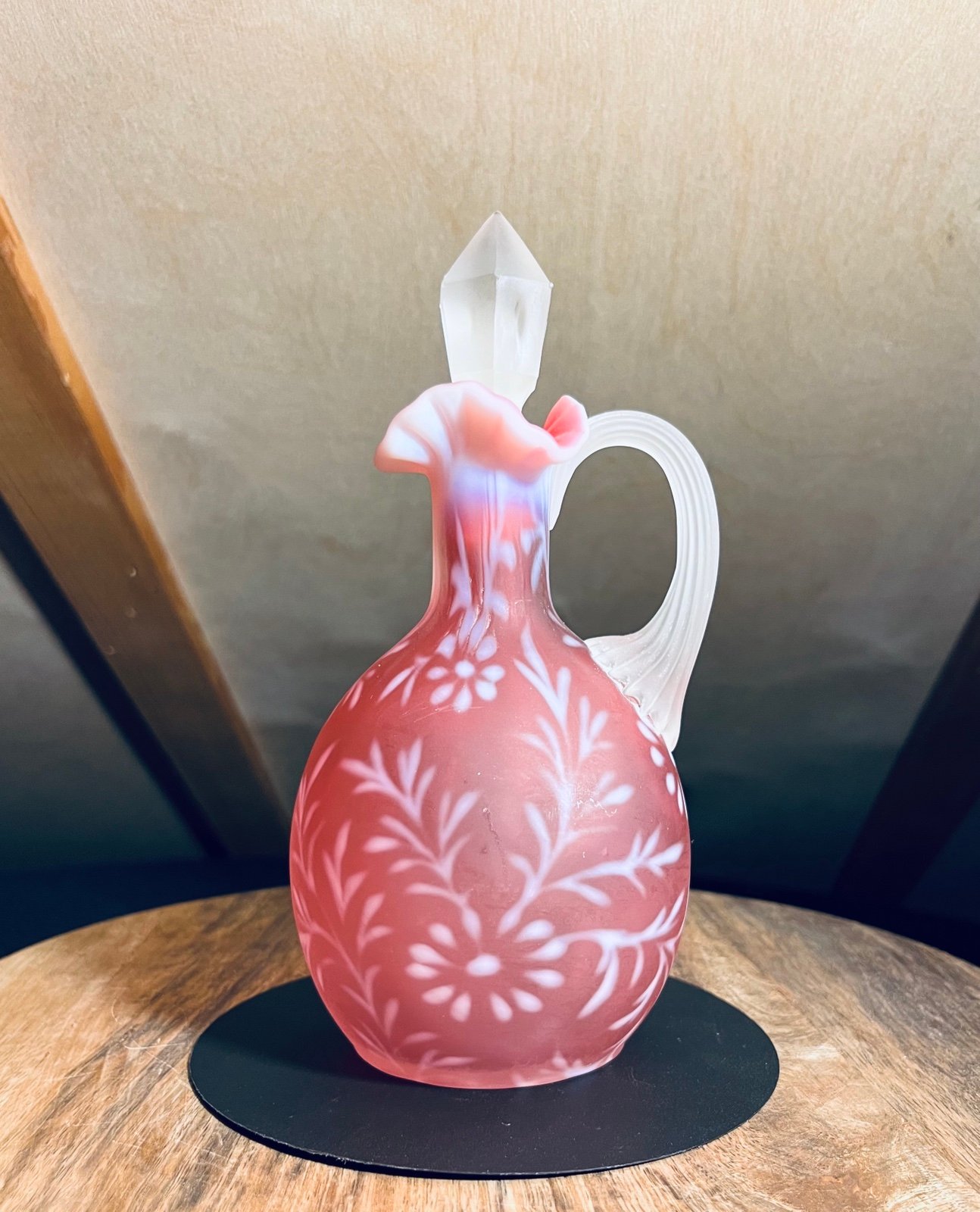 FENTON Glass Satin Cranberry Opalescent Daisy and Fern Cruet