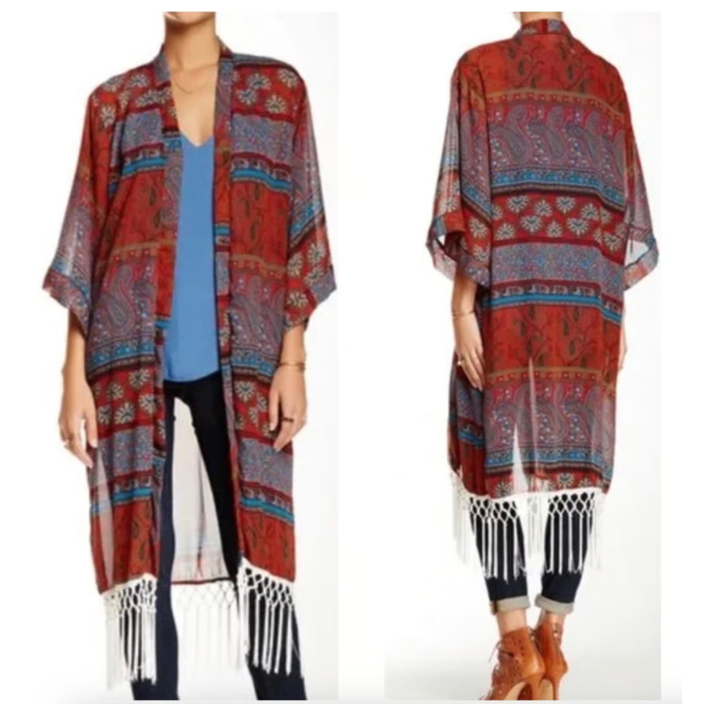 Romeo & Juliet Couture Floral Paisley Open Front Kimono w/ Fringe Hem Size S NEW