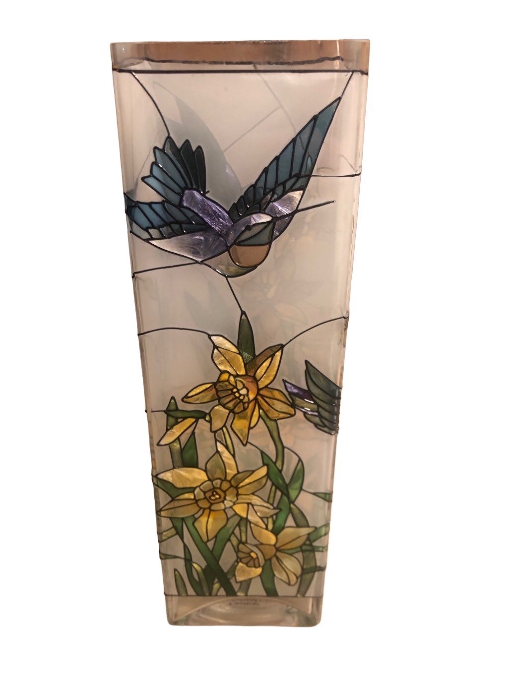 Vintage Joan Baker Designs Hand Painted Daffodils And Hummingbirds Vase