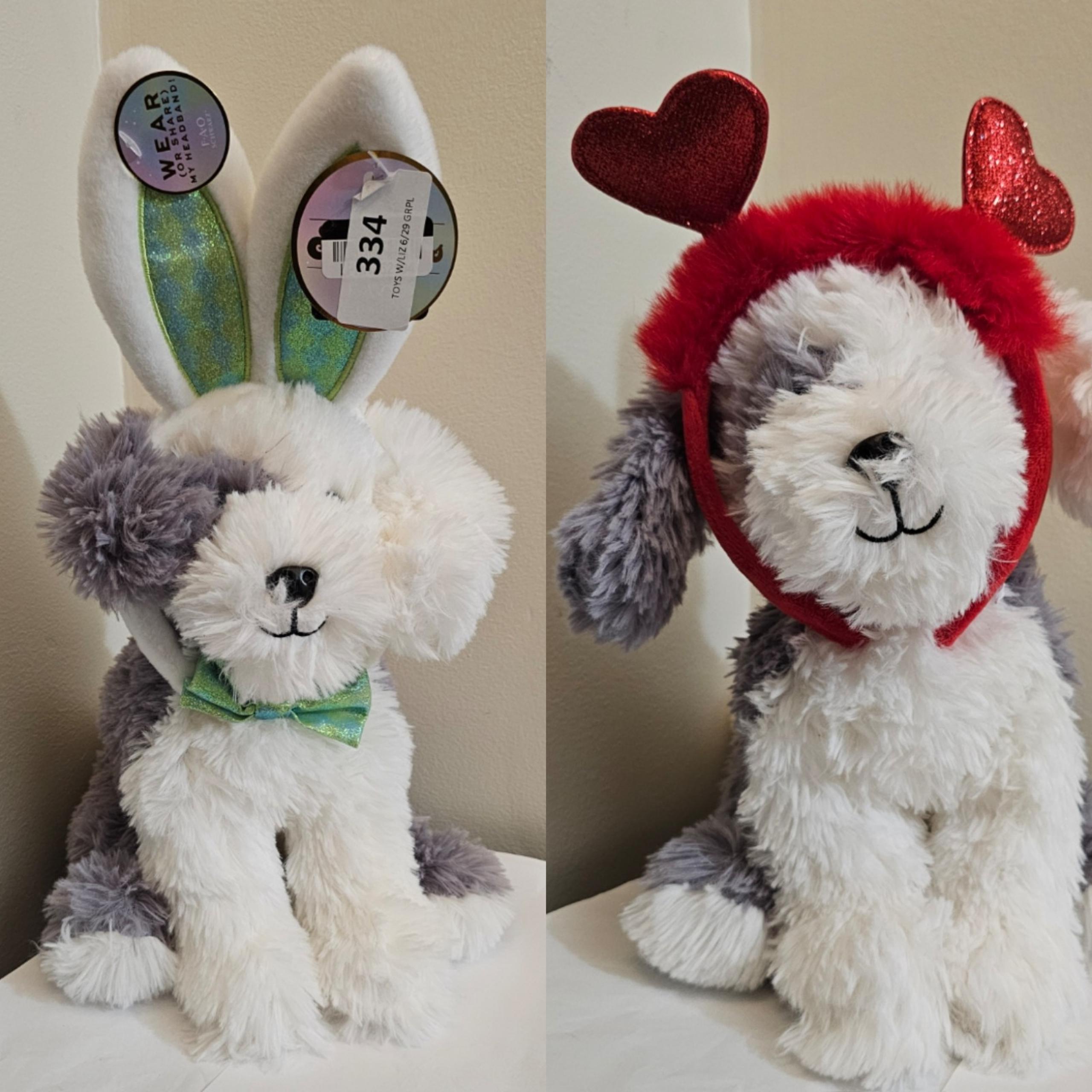 Plush Bundle of 2 FAO Schwarz Dogs Brand New with Tags and Removable headbands!