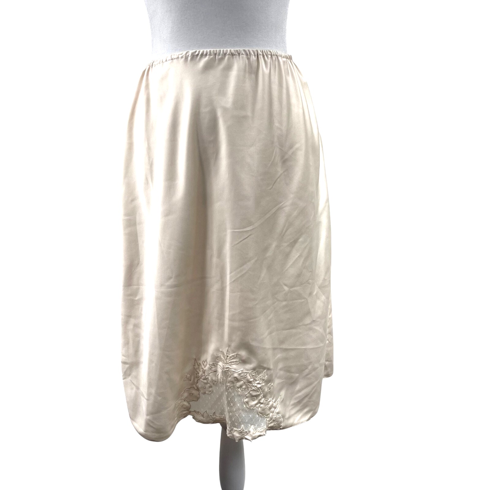 VTG 70s Saks Fifth Avenue Silk Half Slip Sz M Midi Lace Taupe Romantic Embroider