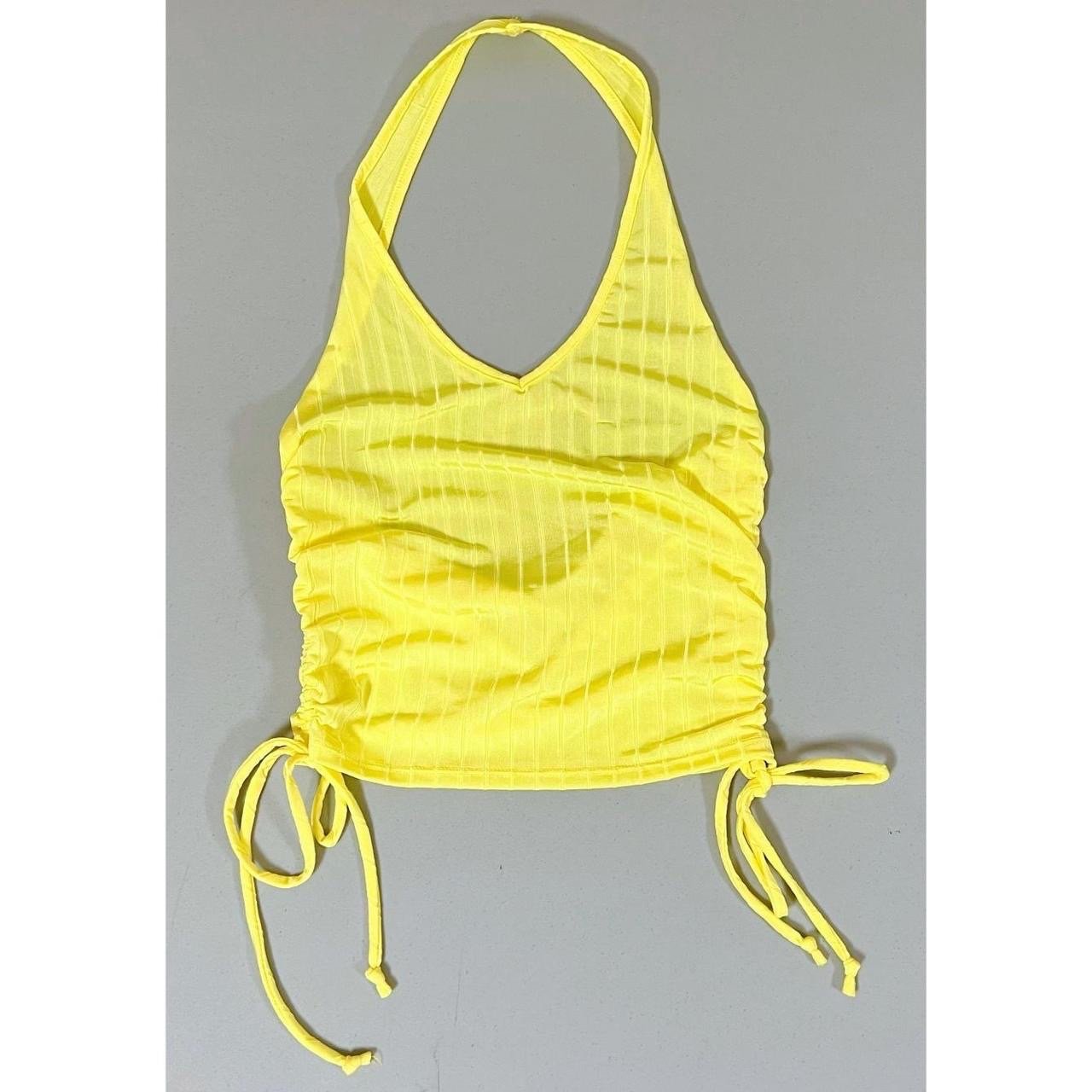 Love J Neon Yellow Halter Ruched Sides Cami Tank Crop Top Shirt Size M