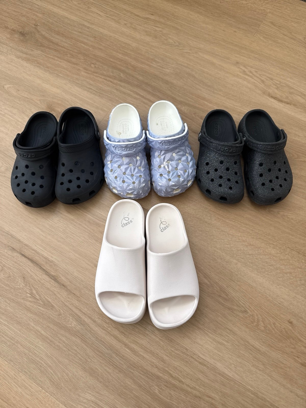 Crocs (3 pairs) black glitter, lilac glitter, art of class sandals size 13y