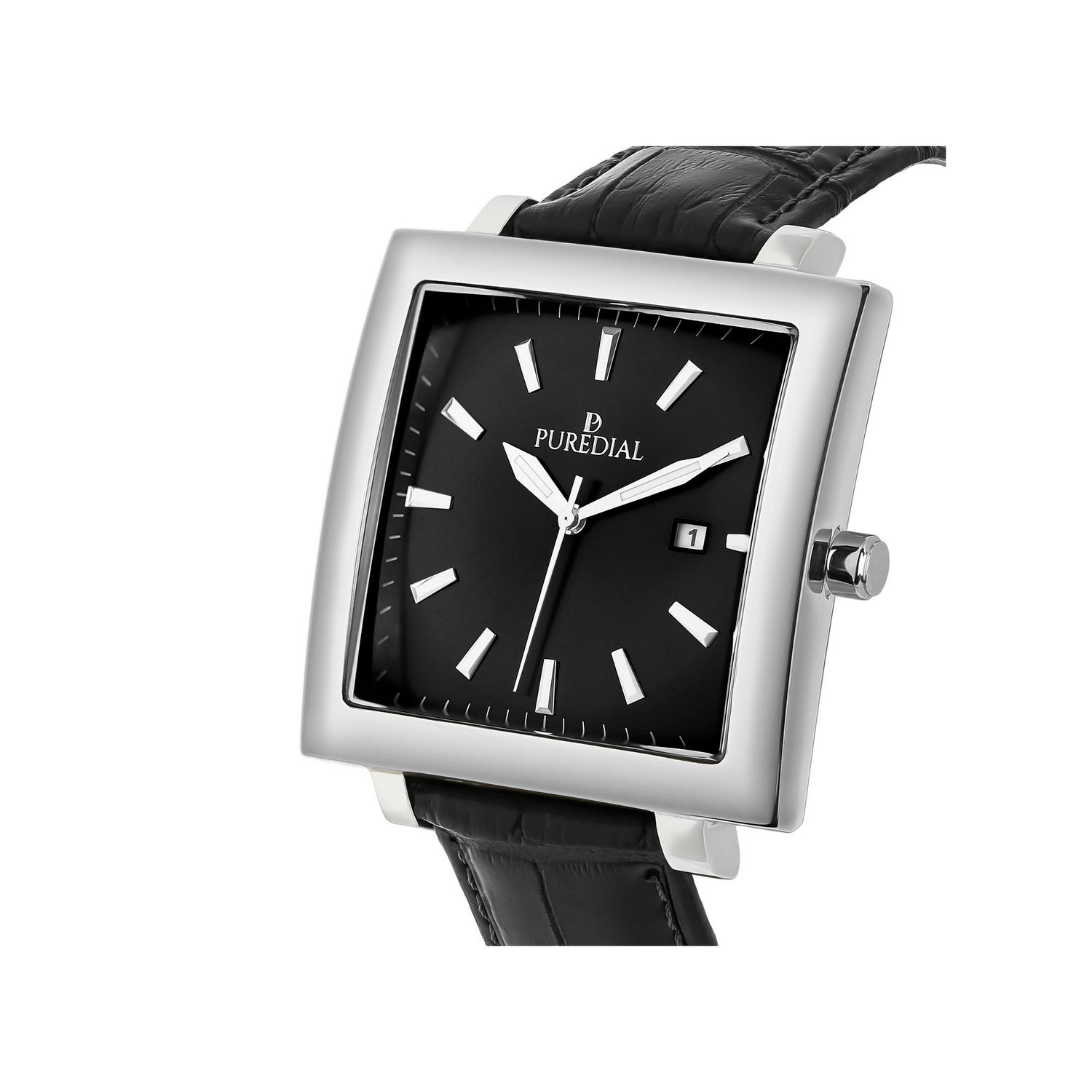 Puredial Square Black/Silver Legacy Black Leather Strap Watch