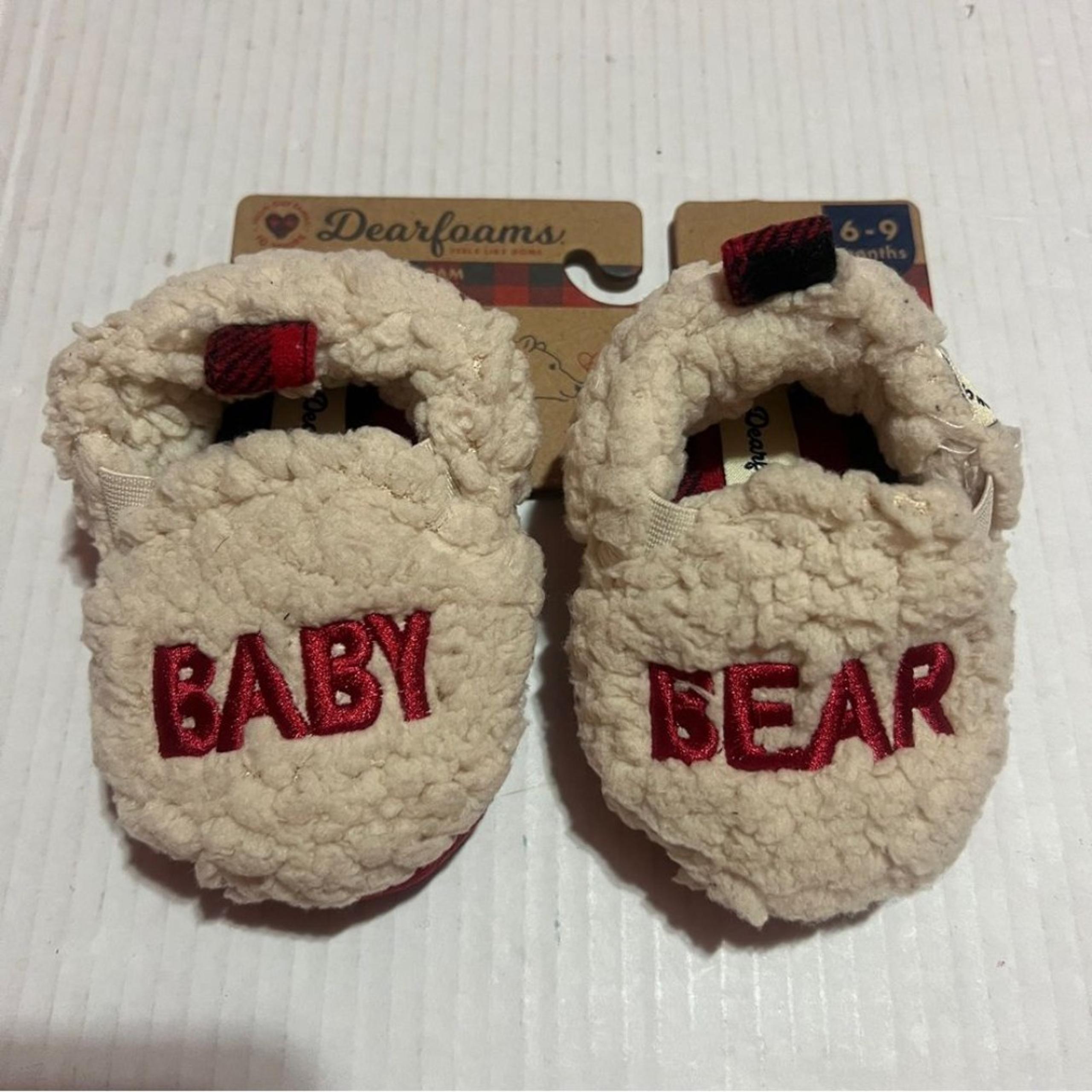 Dearfoams Baby Bear Slippers 6-9 Months Red & White Memory Foam Soft Fluffy New