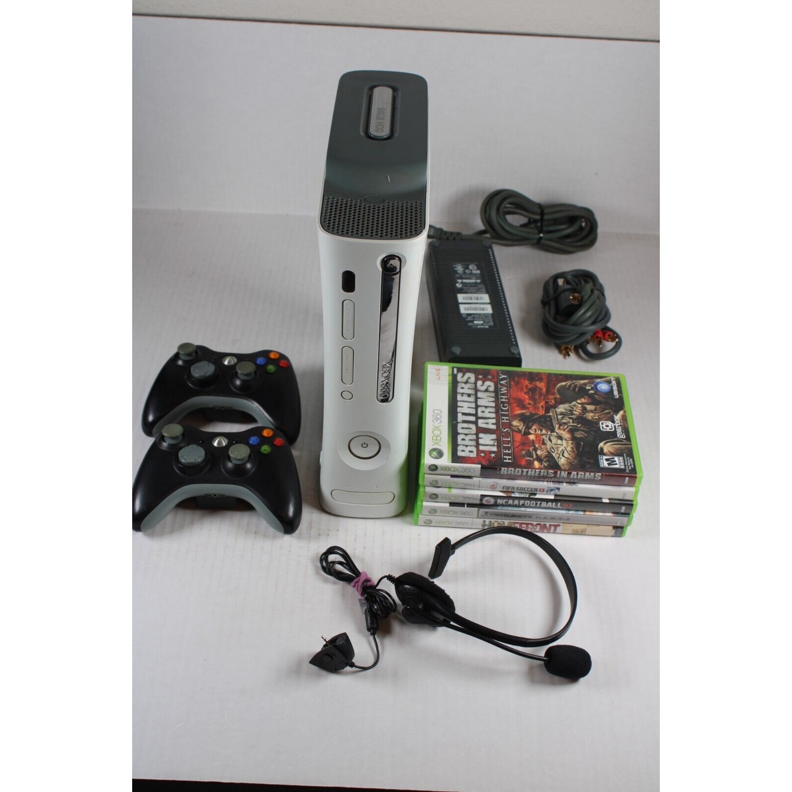 Microsoft Xbox 360 60GB White Console W/ Cables, 5 Games, Headset, 2 controllers