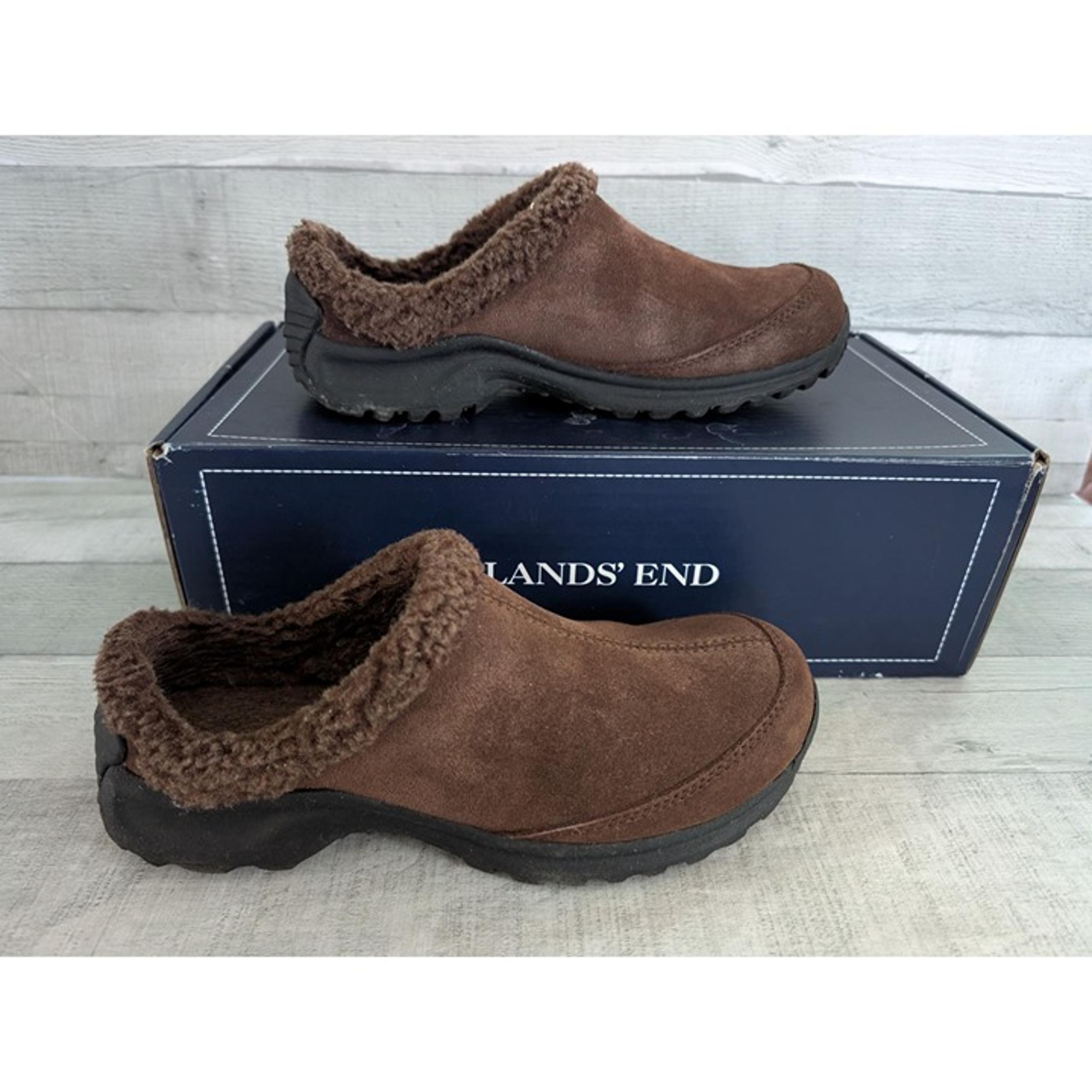 Lands End Chalet Clog 6.5M Chocolate Brown Suede Faux Fur Lined Slip-On Shoes