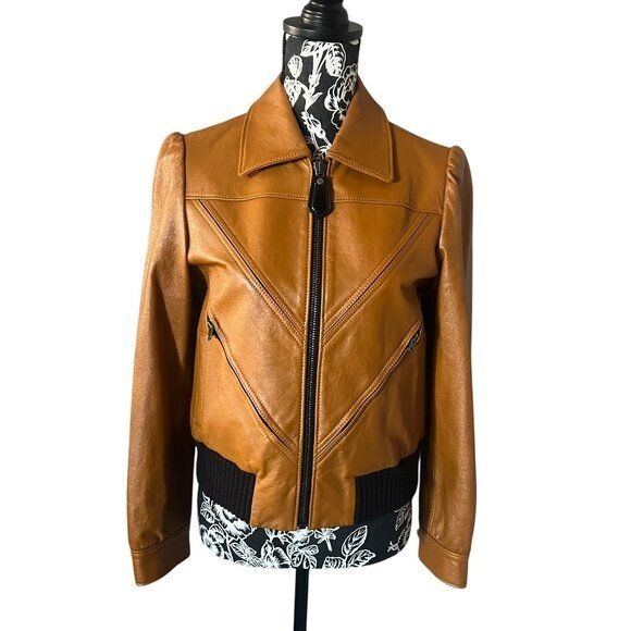 COACH Lamb Leather Tailored Bomber Jacket with Piecing Brown Womens Size 4