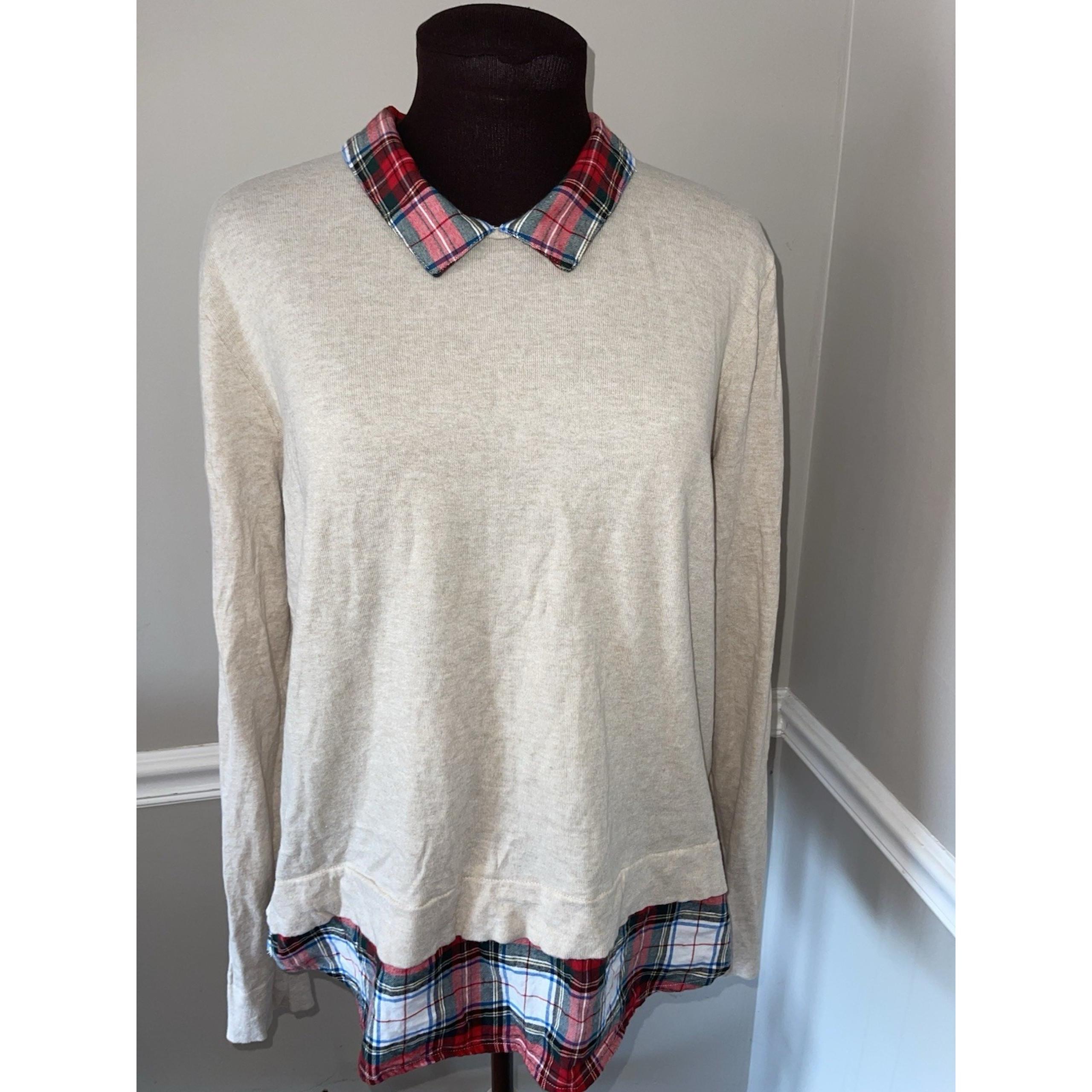 J Crew Woven Collar Sweater Tan Plaid Red Green Blue Womens XL