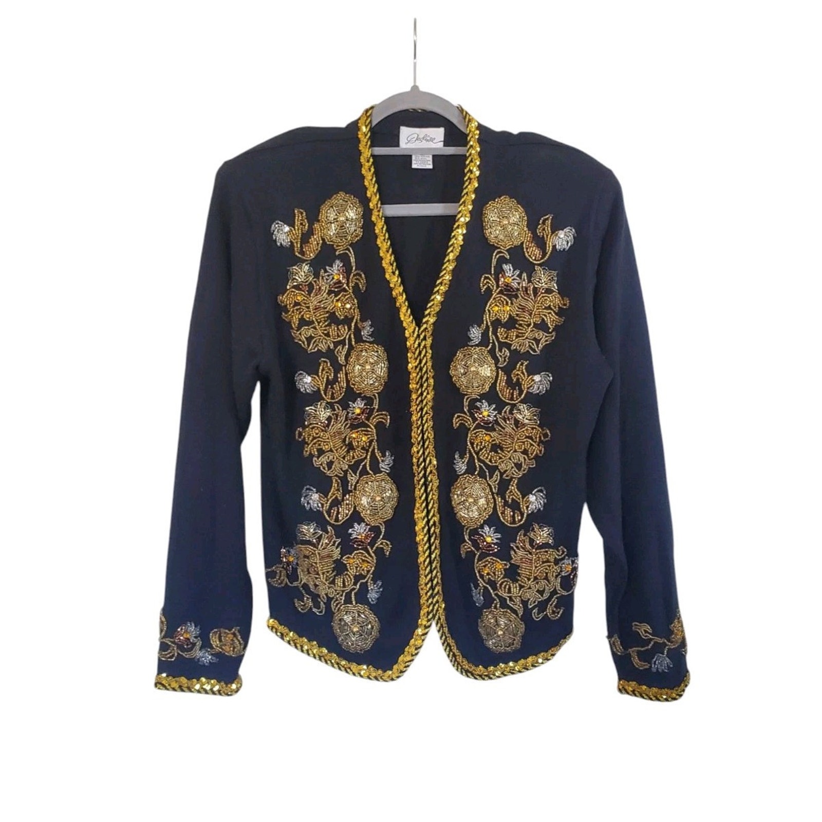 Vintage Destinee Beaded Sequin Gold Black Wool Blend Glam Knit Cardigan, Large