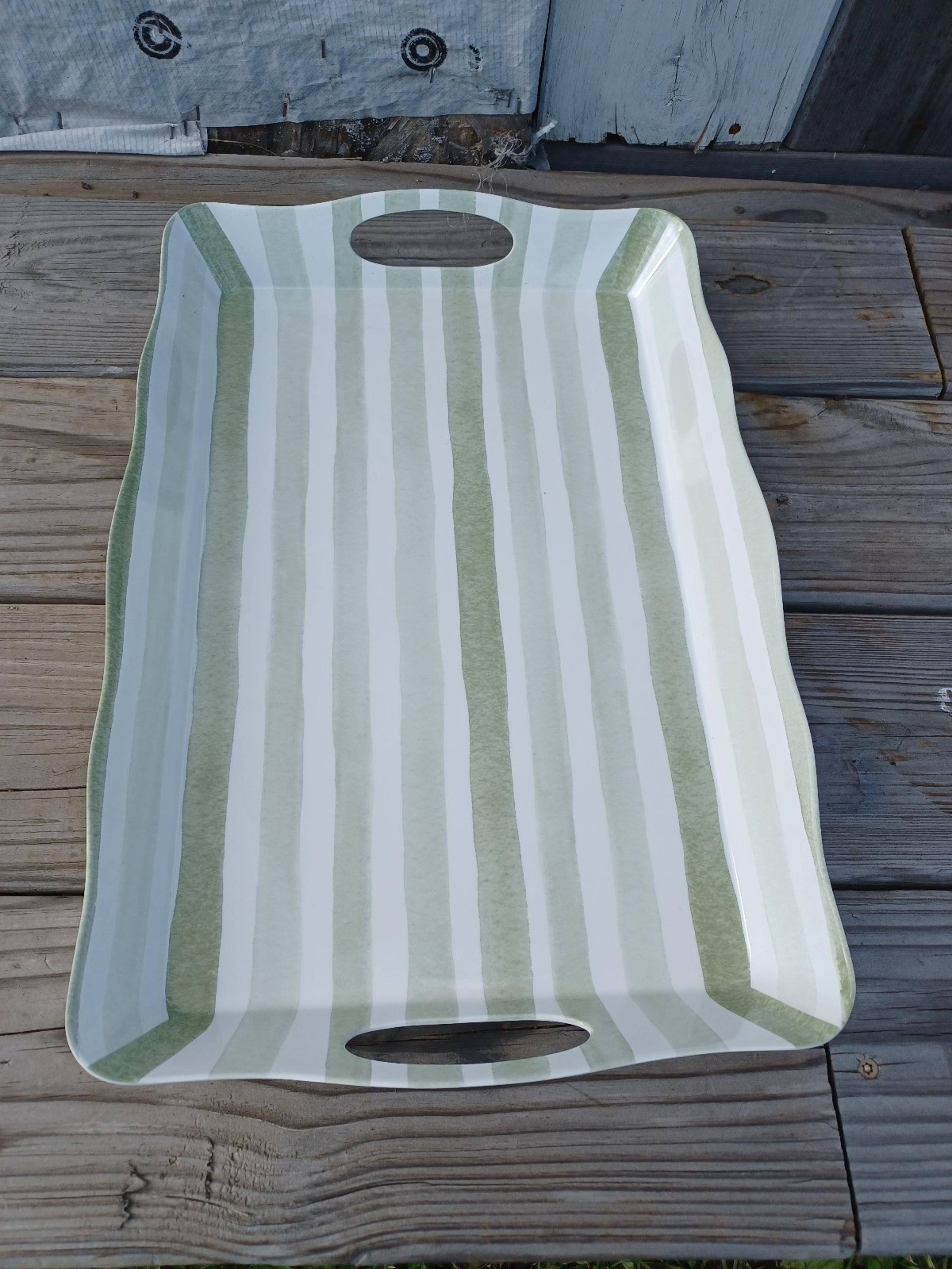 NWT Pier 1 Imports Melamine Sage Green Stripes Scalloped Edges Handled Tray