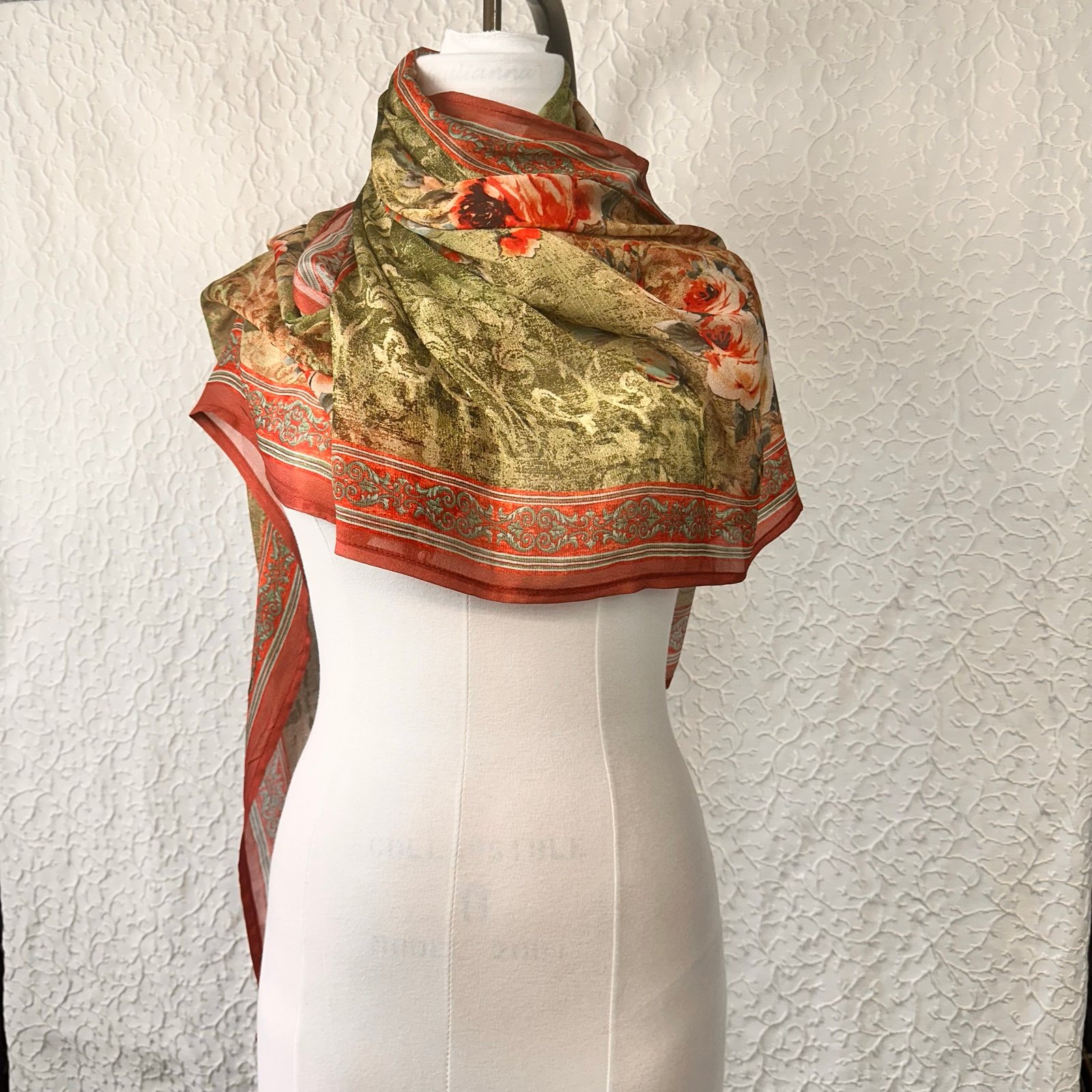 Silk Scarf Sarees Floral Shawl Sheer Large Wrap Lightweight 37 x 88 Cover Up