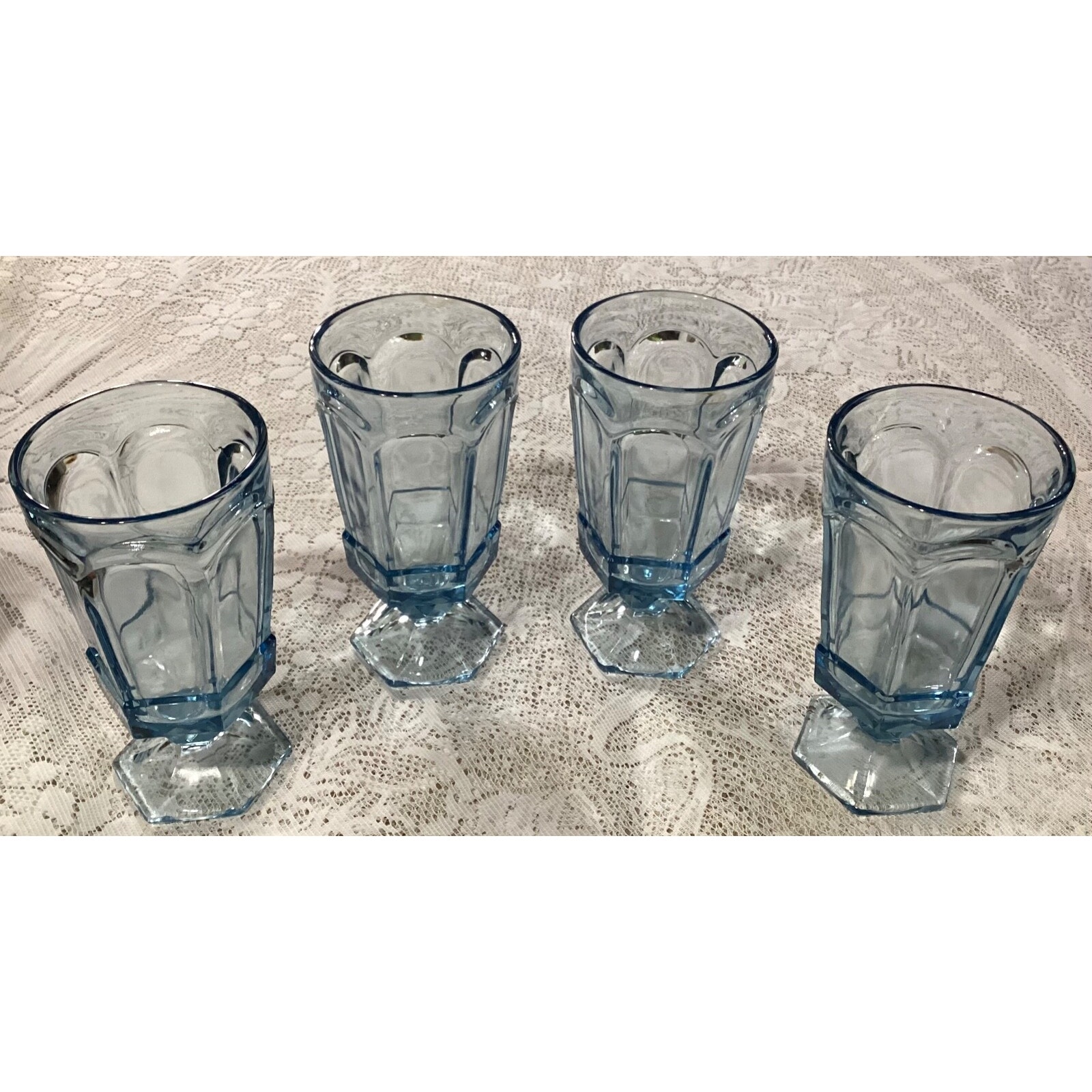 Set of 4 Fostoria Virginia Blue 6 7/8 Footed Ice Tea Glass Goblets Glasses