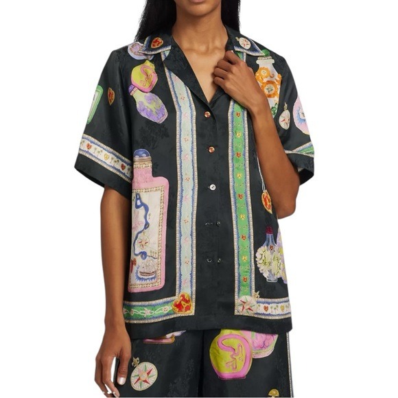 NWT Alémais Royal Abstract Satin Short-Sleeve Shirt Size 0