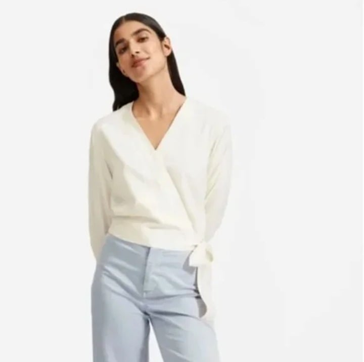 NWT Everlane 100% Washable Silk White Ivory Cream Ecru True Wrap Top in Bone 6 S