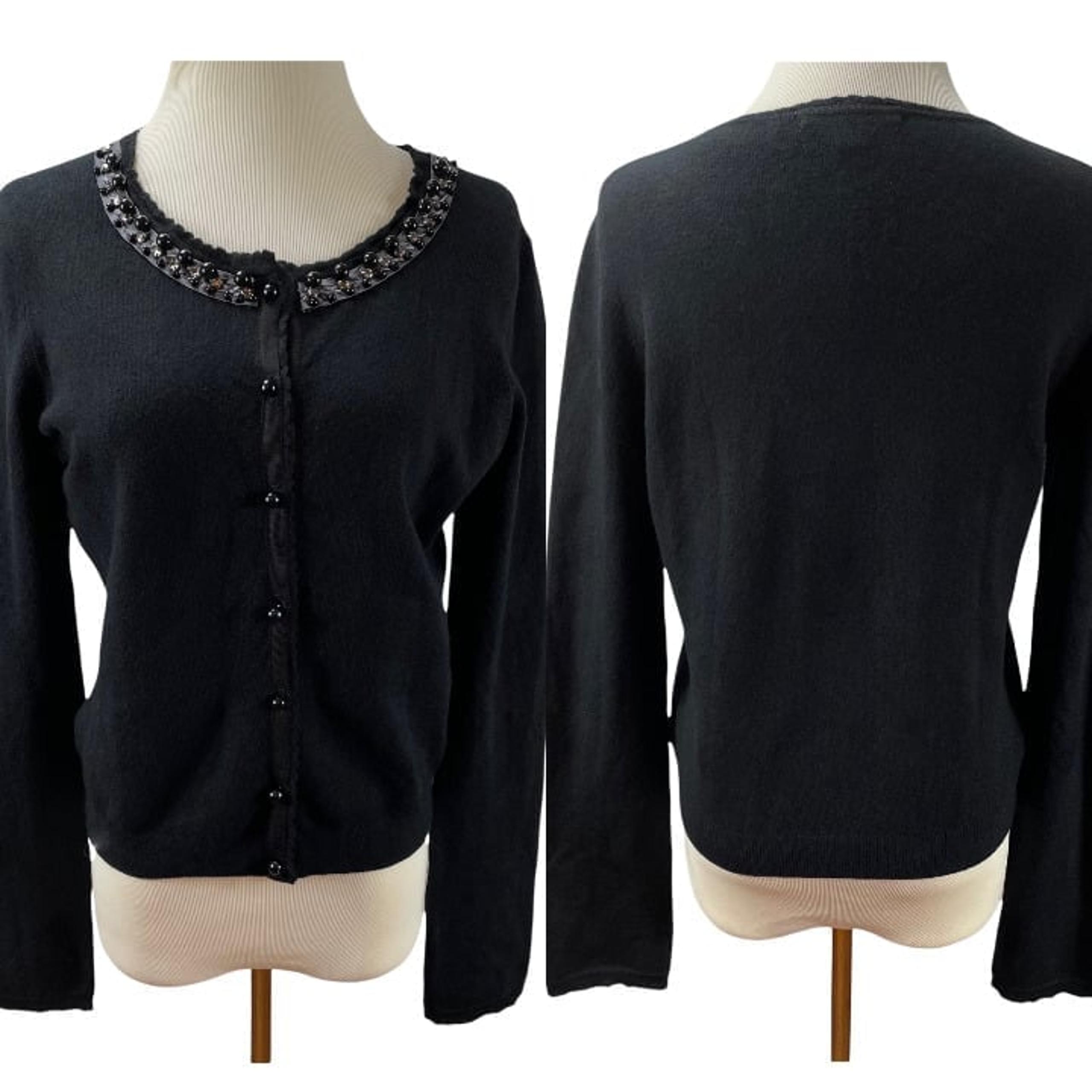REBECCA TAYLOR Silk Cashmere Beaded Neckline Black Cardigan Size M
