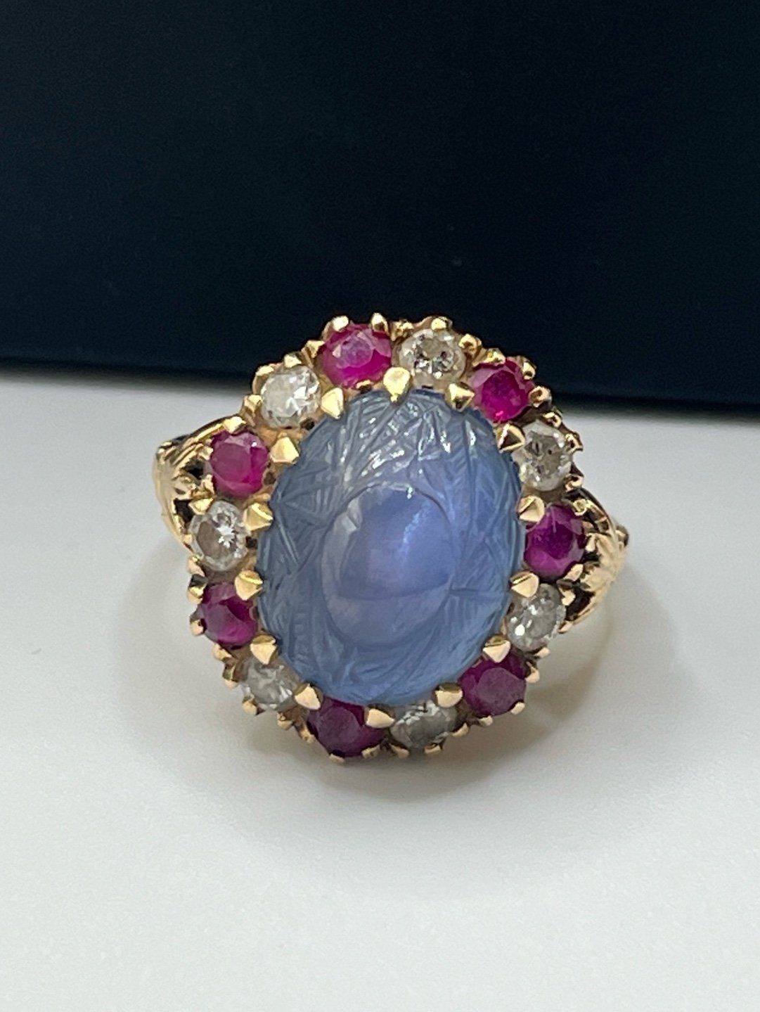 Antique 14K Yellow Gold Natural Blue Scarab Stone Ruby Diamonds Halo Ring