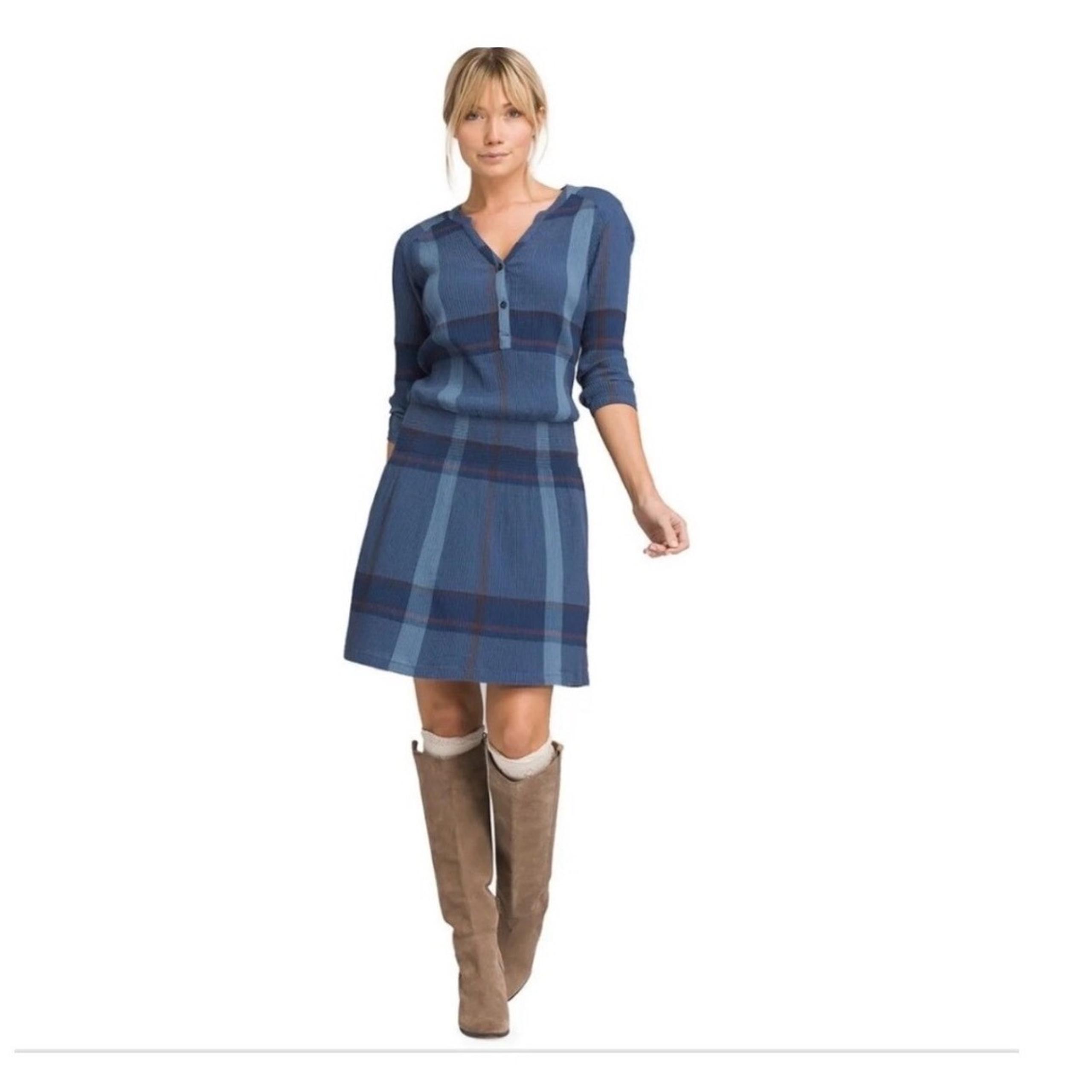 Prana Sugar Pine Plaid Smocked Dress Organic Cotton Wrinkle Gauze Blue Medium