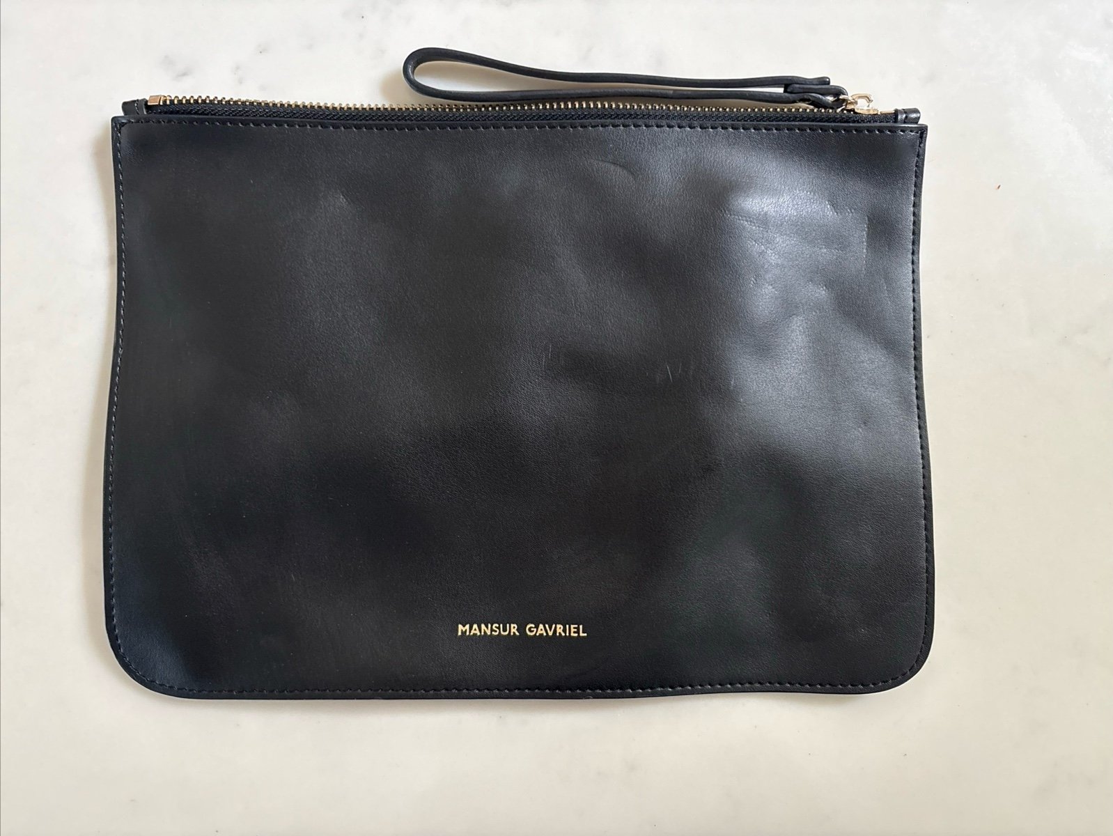 Mansur Gavriel Leather Wristlet Clutch Zipper Pouch in BLACK 11.5” X 8.5”
