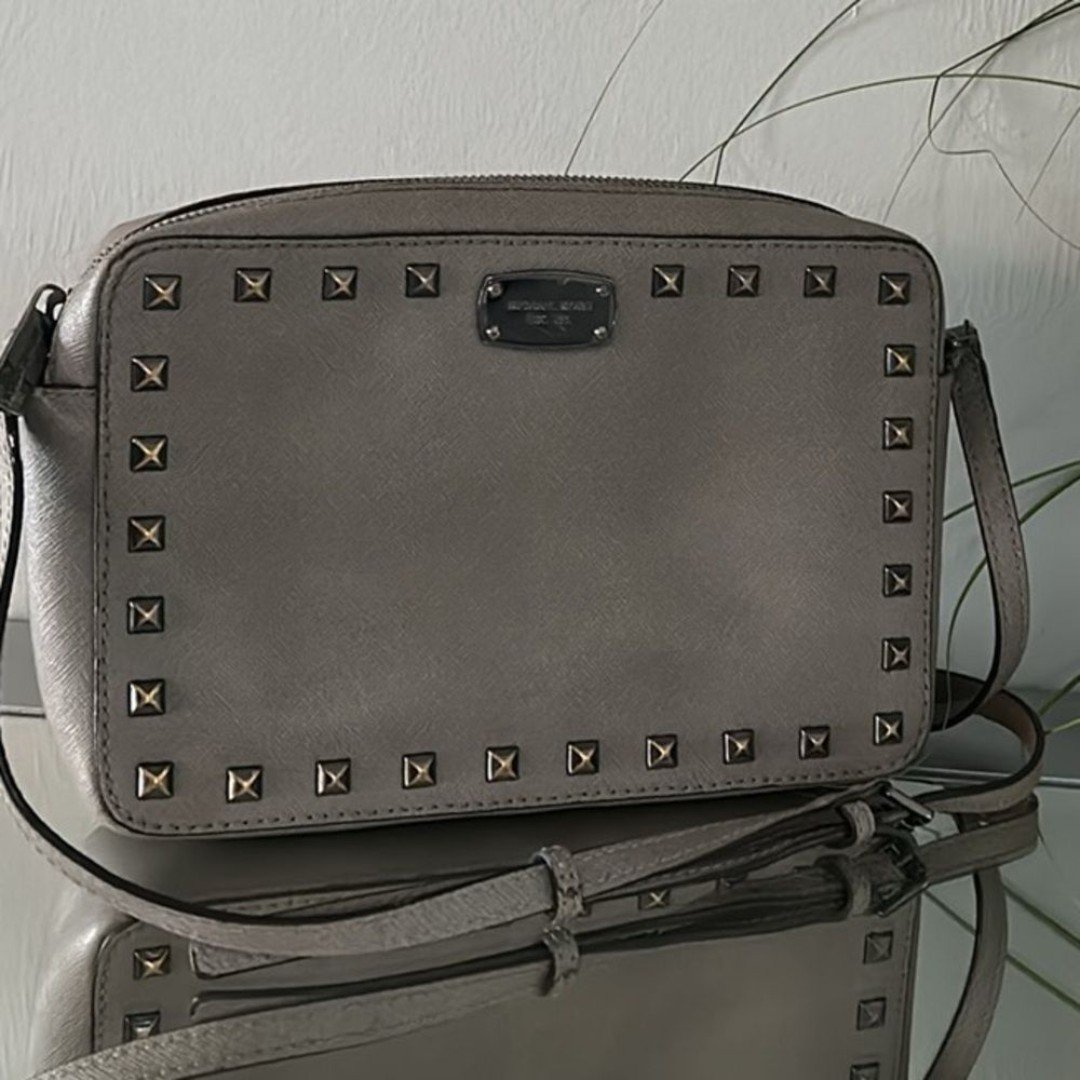 MICHAEL KORS Sandrine Stud Crossbody Bag Gray Saffiano Leather