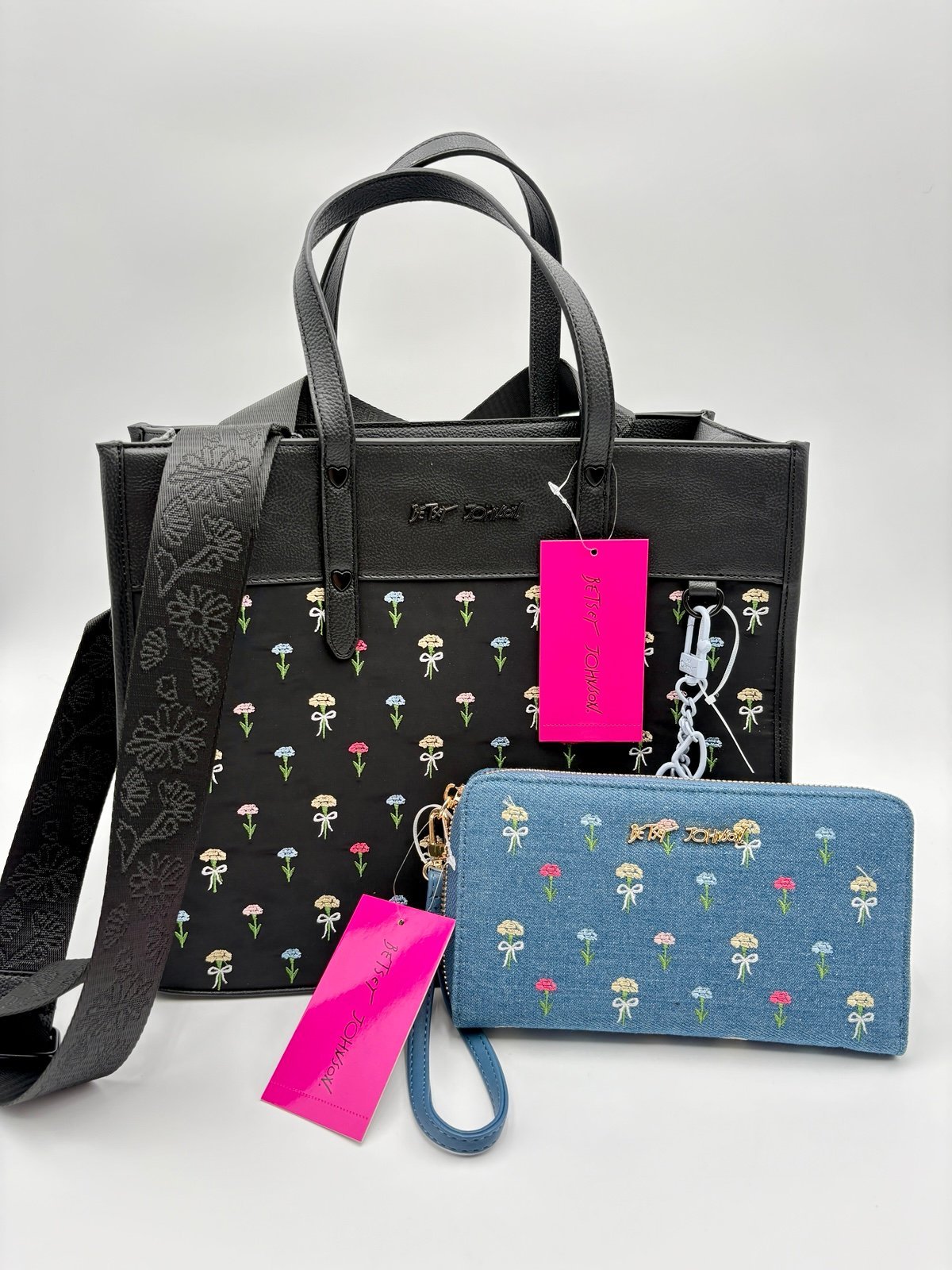 BETSEY JOHNSON XOBECA-N Black Satchel Purse Floral Bows Tote Matching Wallet NWT