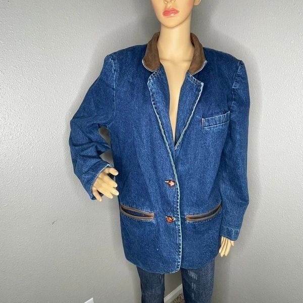 Vintage Forenza Blue Denim with Leather Collar Jacket Size Medium