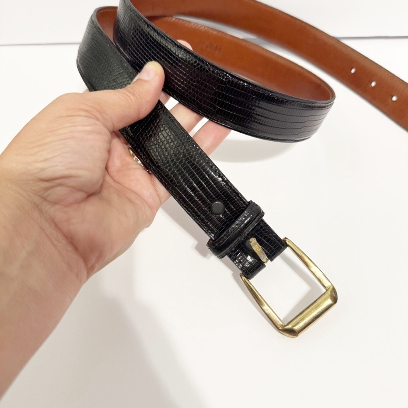 Torino Black lizard  Belt with Textured Detailing and Gold Buckle 5180
