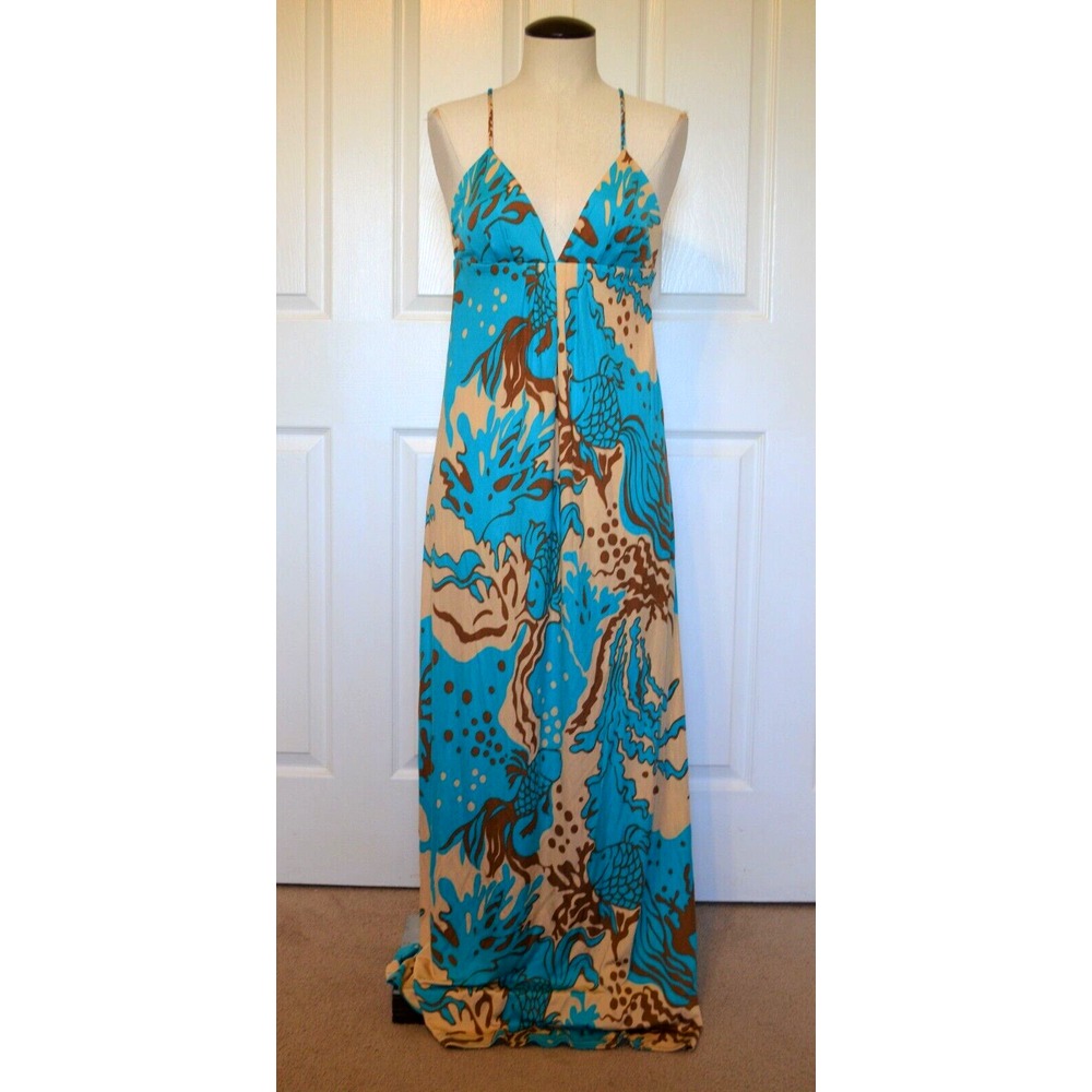 Julie Brown Silk Long Women's S Sleeveless Dress Blue Goldfish Spaghetti Straps