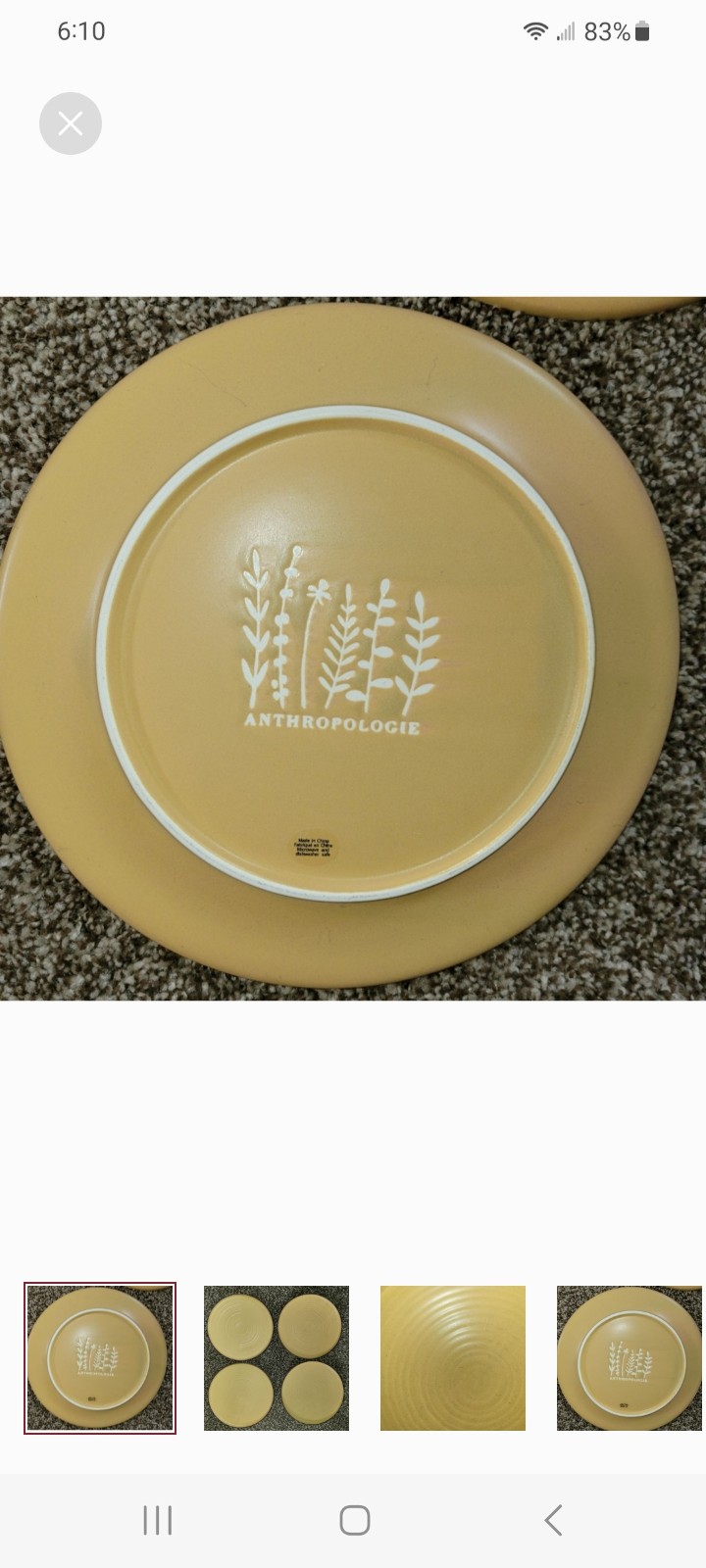 4 Anthropologie Dinner Plates 10.5 Mustard Yellow Brown Matte Stoneware