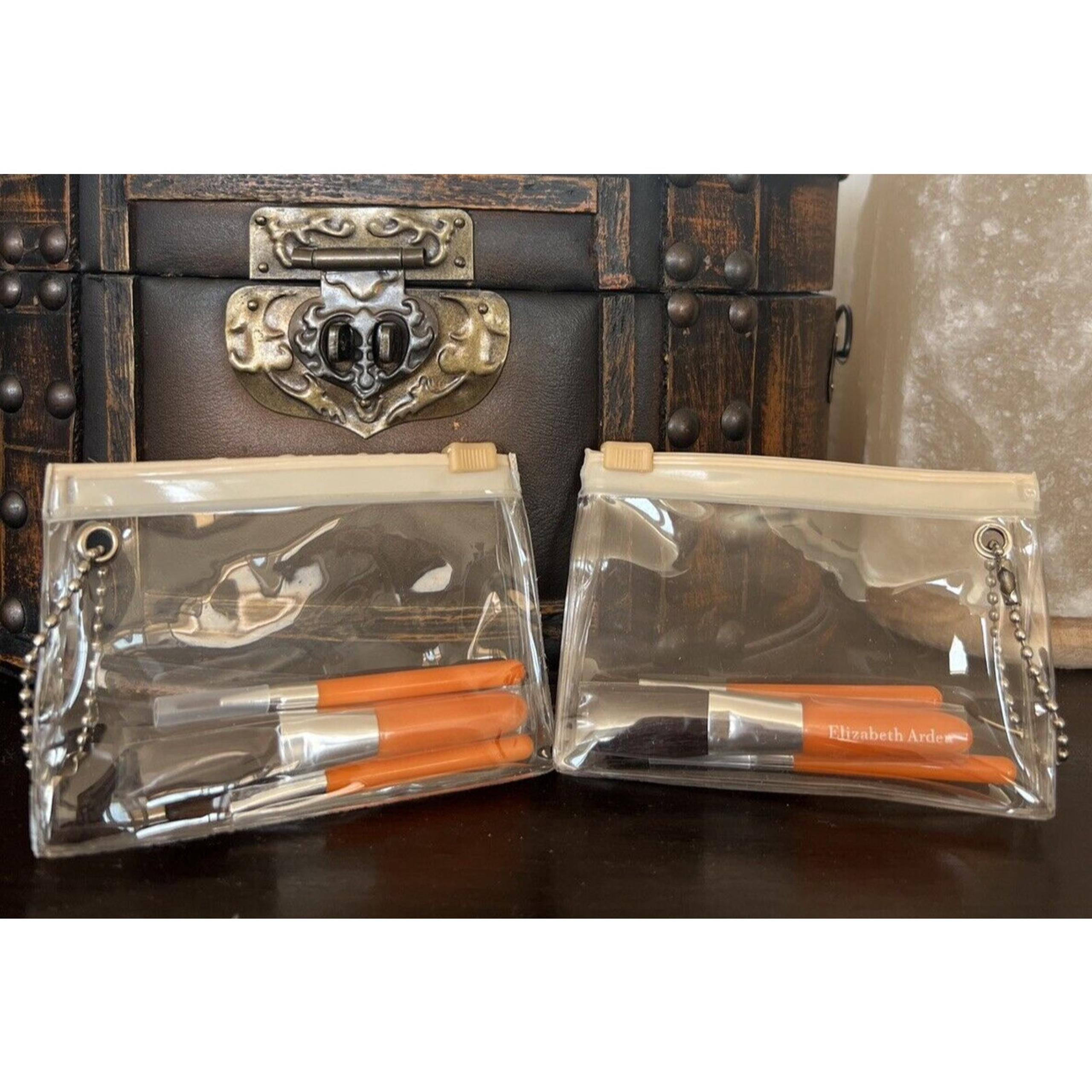 2X Elizabeth Arden 3-PC Travel Size Orange Makeup Brushes & Case NEW