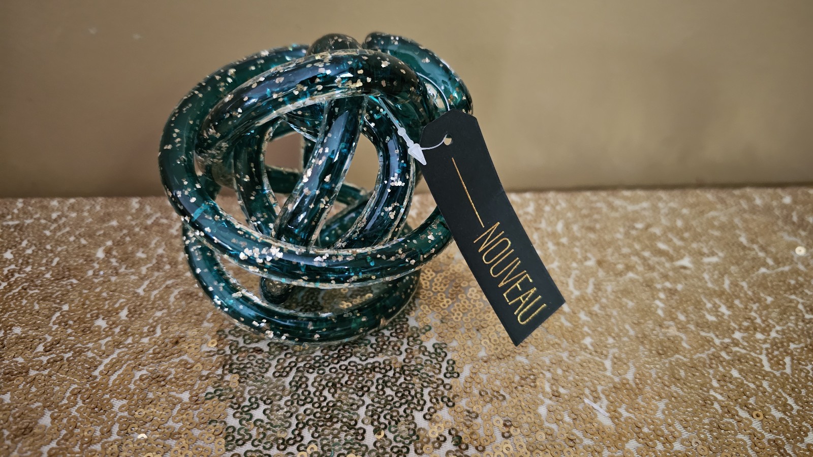 NEW - Nouveau Glass Knot Abstract Art (Teal & Gold Sparkles)