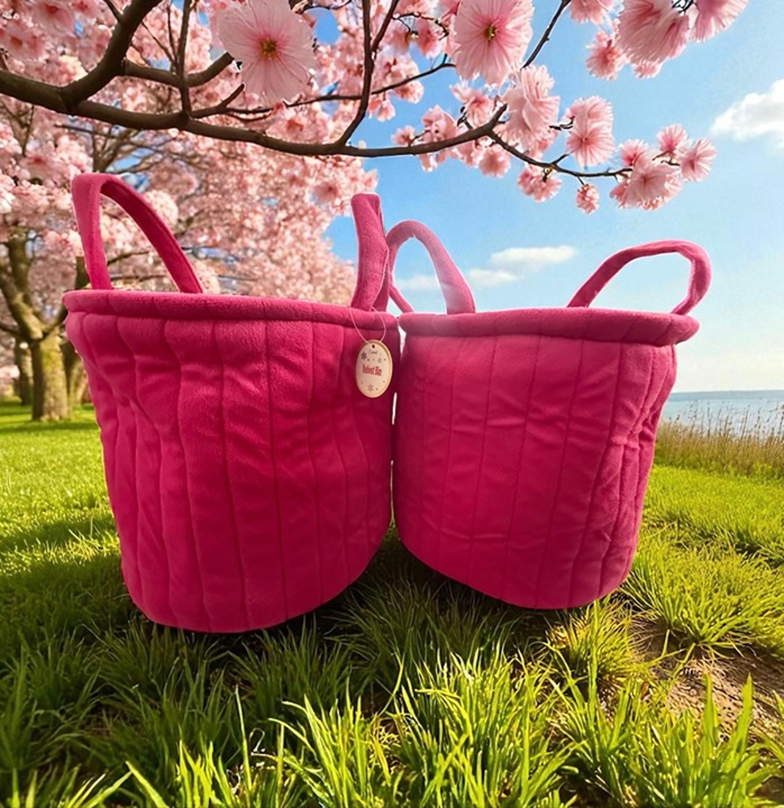 Velvet Bin - pink. 13 Inches Wide 14 Inches Tall With Handles NWT