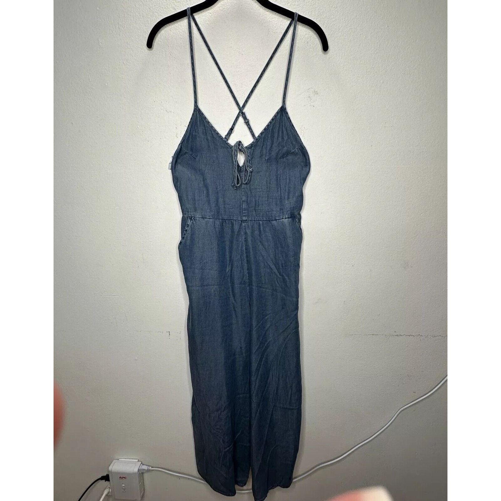 Lovestitch Medium Wash Blue Wide Leg Spaghetti Strap V-Neck Front Tie Jumpsuit S