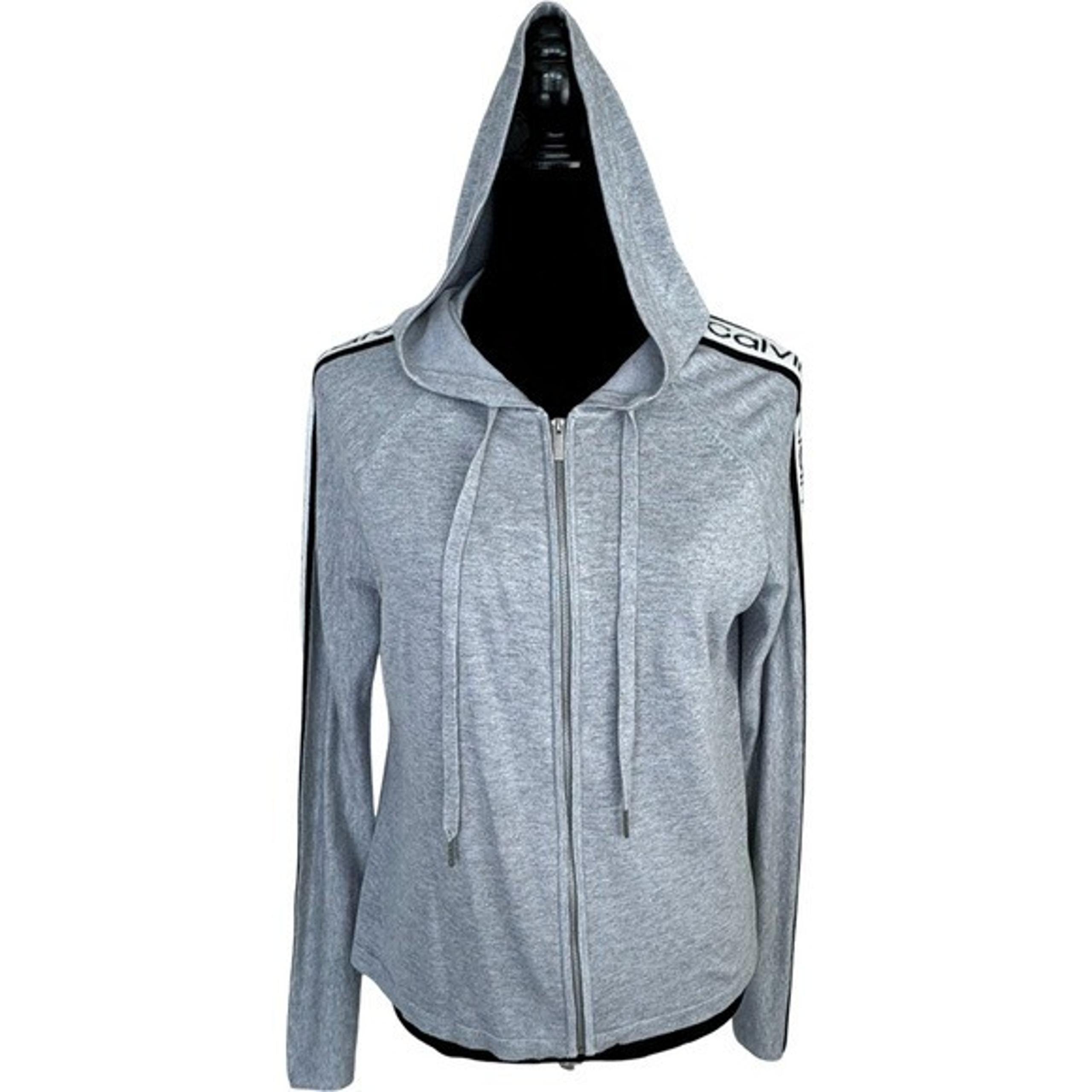 Calvin Klein Jeans women’s gray white stripe soft knit full zip hooded sweater M