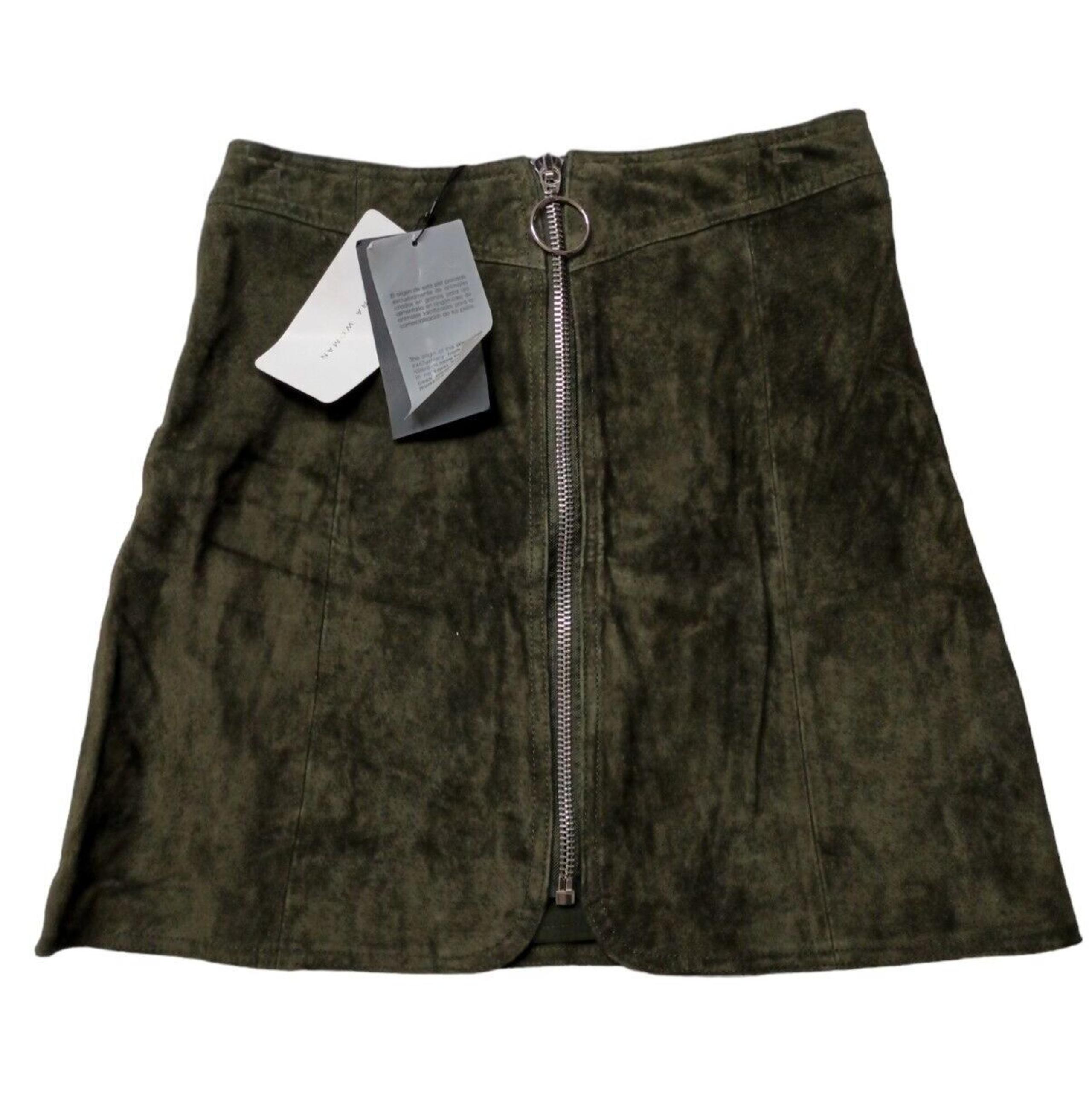 Zara Skirt Women's XS Zip Closure Suede Lined Mini Olive Green A-Line NWT