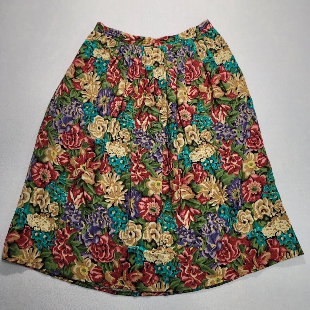 Vintage Bohemian Skirt Size 8 Midi Floral Pleated Pockets Gypsy Folk Cottage