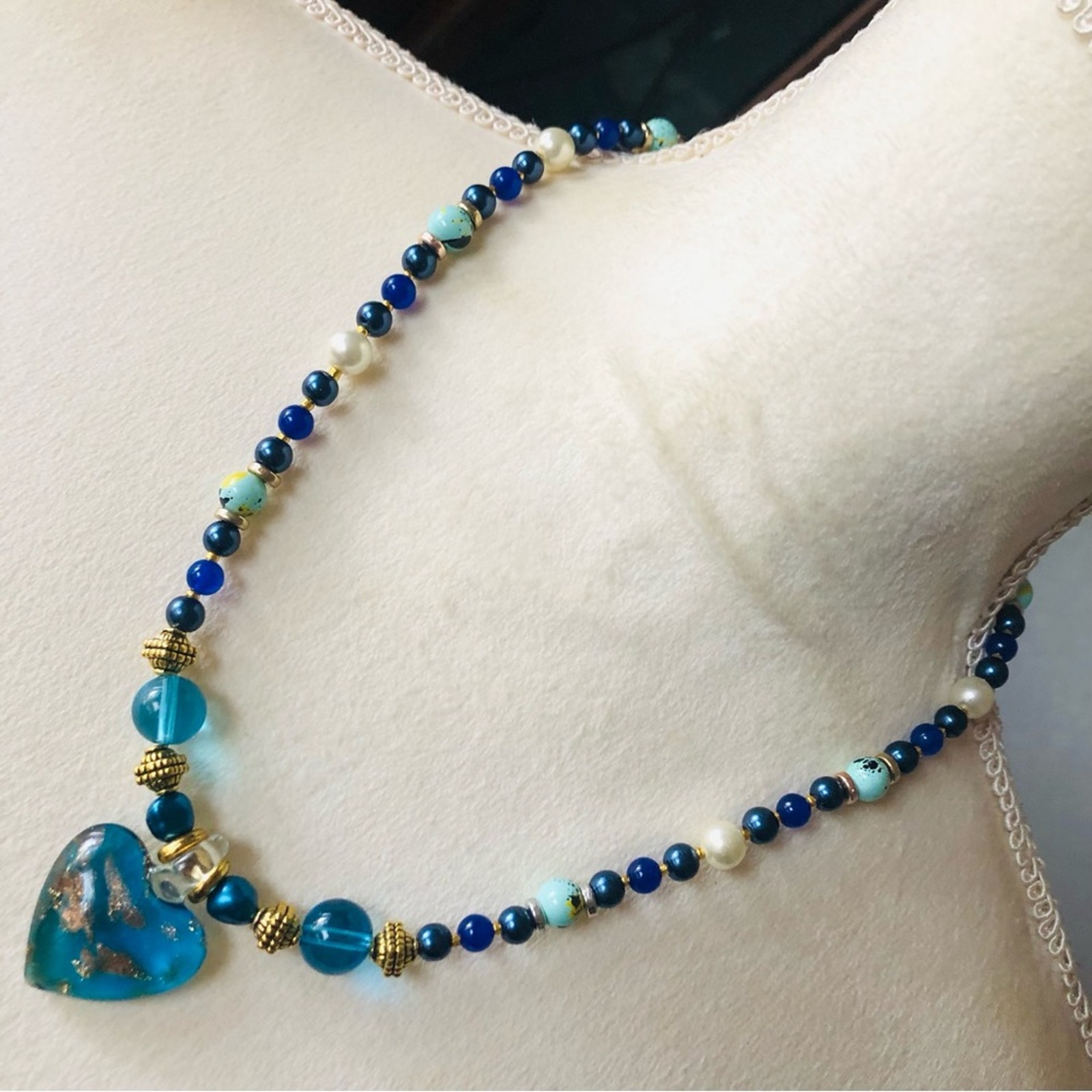 Handcrafted repurpose dichroic heart lazurite Czech glass Pearl necklace