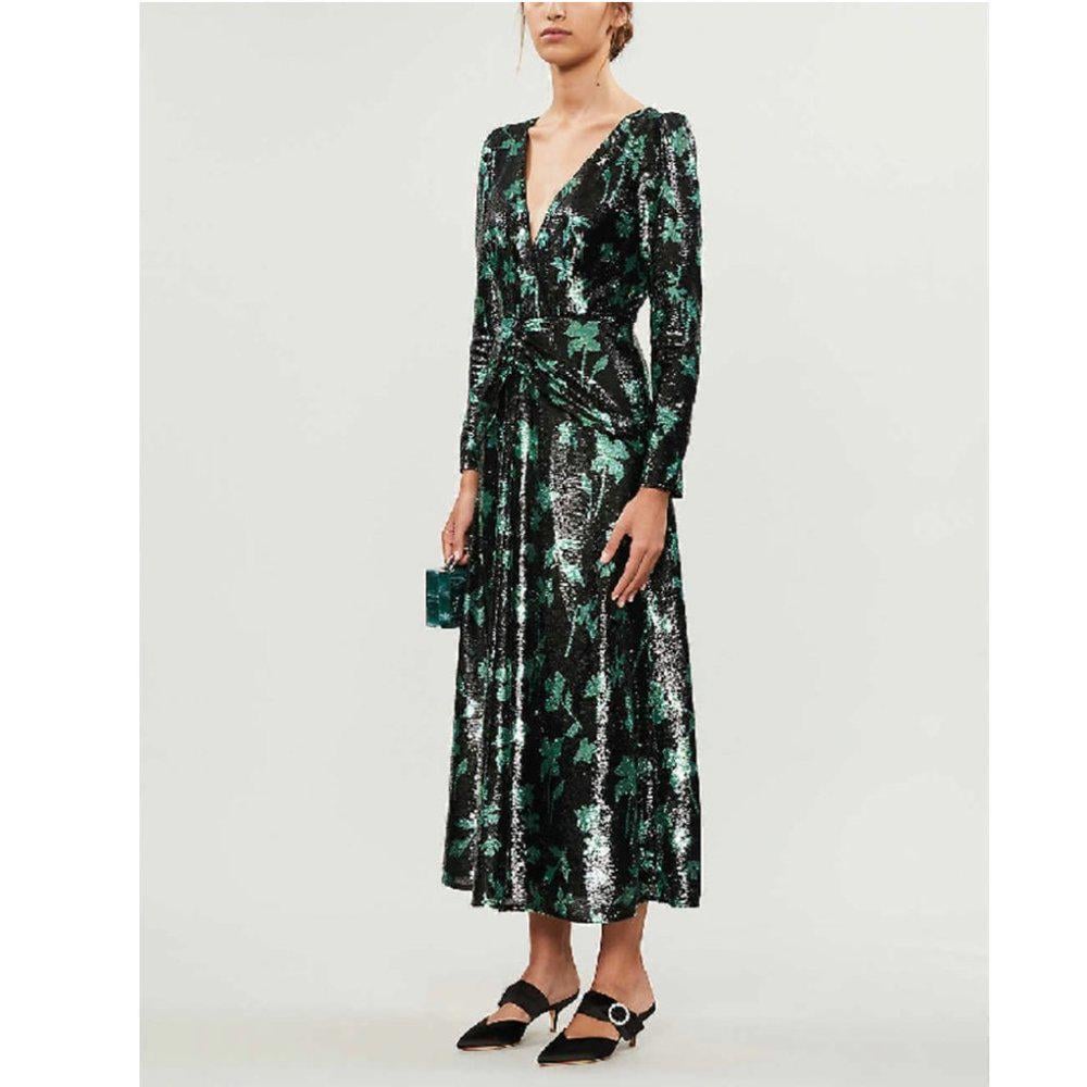 SELF-PORTRAIT LEAF-PRINT SEQUIN WOVEN MIDI DRESS IN BLACK GREEN Size XS