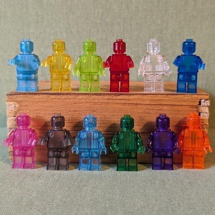 Rainbow Colors Transparent Clear Set of 12 Minifigures Toys - Lego Compatible