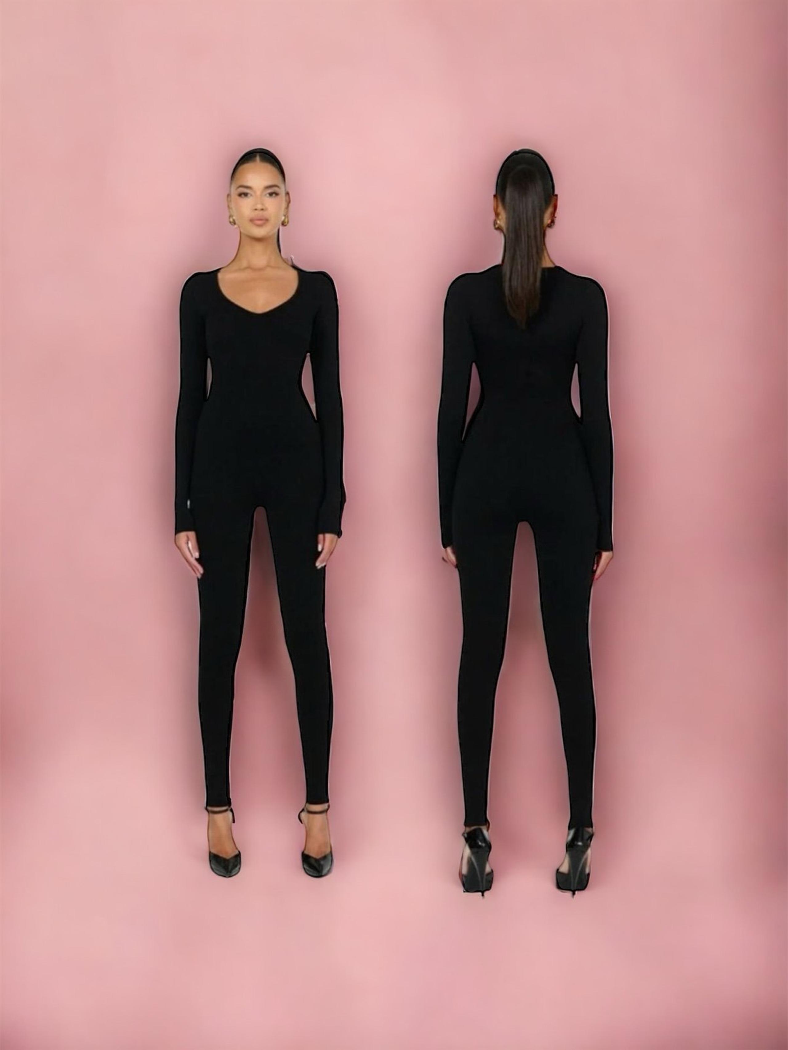 Naked Wardrobe Women's Size S All Body Deep V-Neck Jumpsuit, Black