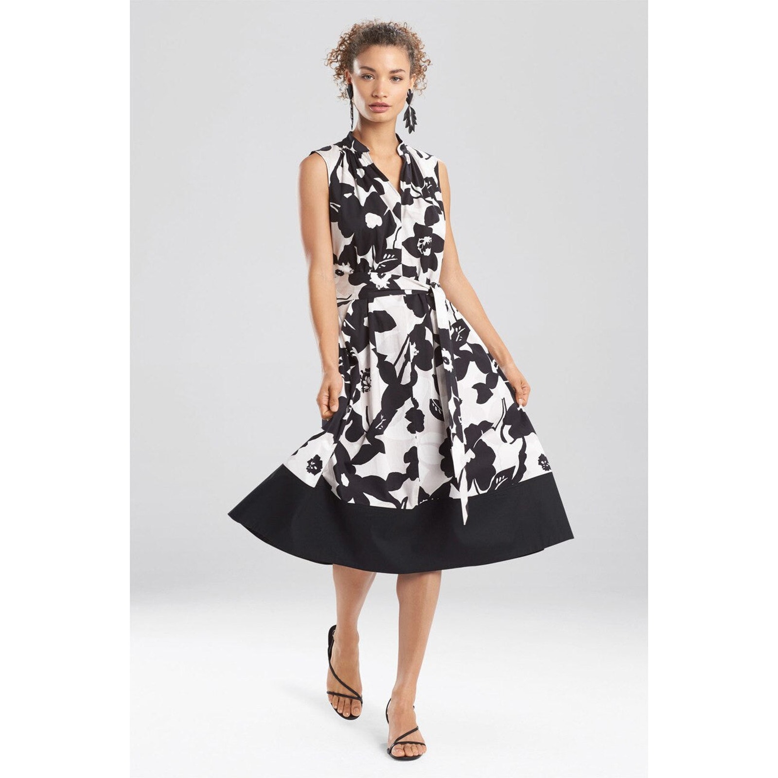 Natori Garden Mandarin sleeveless Dress pockets Floral Black white beige Small