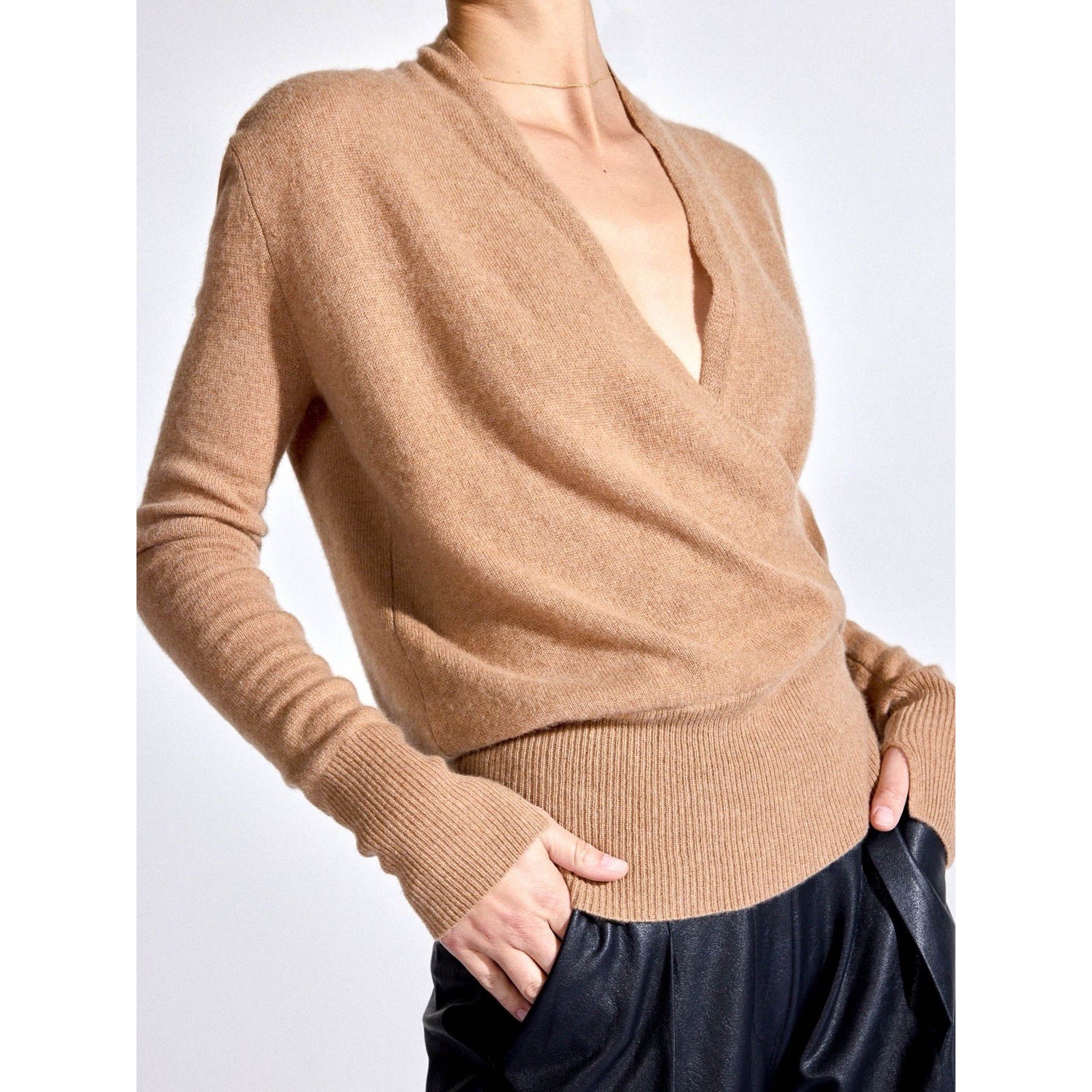 Brochu Walker Phinneas Wrap Cashmere Sweater Neutral Tan Brown Sz S 438 NWOT