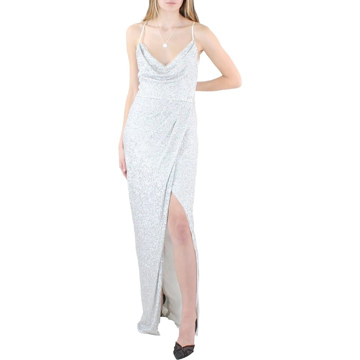 Aidan Mattox Gown Womens Size 2 Silver Sequin Cowl Neck Cross Back Floor Length