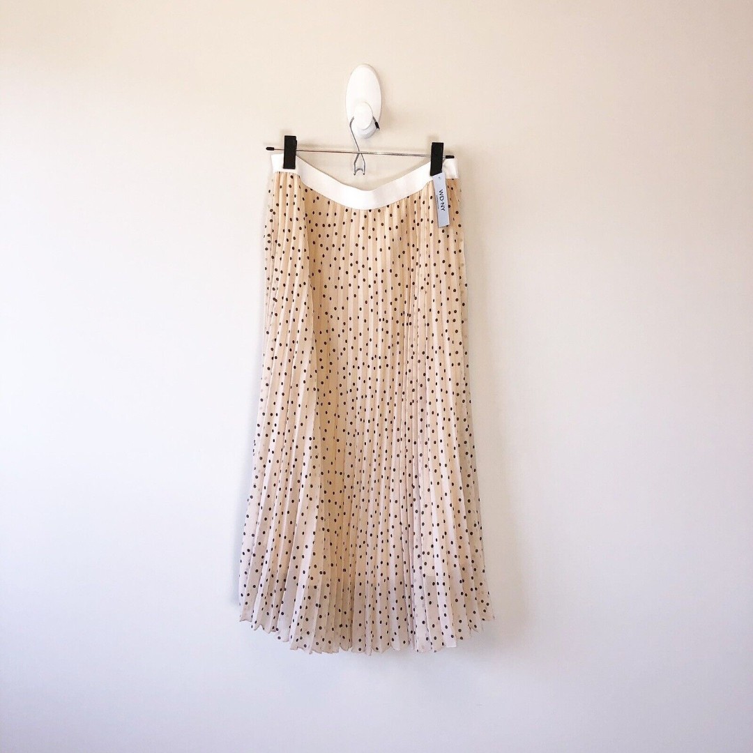 WDNY Polka Dot Pleated Midi Skirt Apricot Black Women's Size Large NWT’s