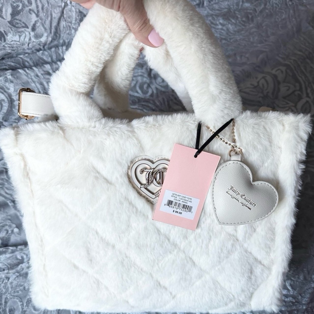 Juicy Couture Large White Fluffy Faux Fur Tote Bag