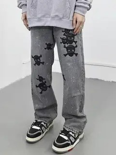 Biker Jeans Rare Street Fashion Pirate Skull Patch