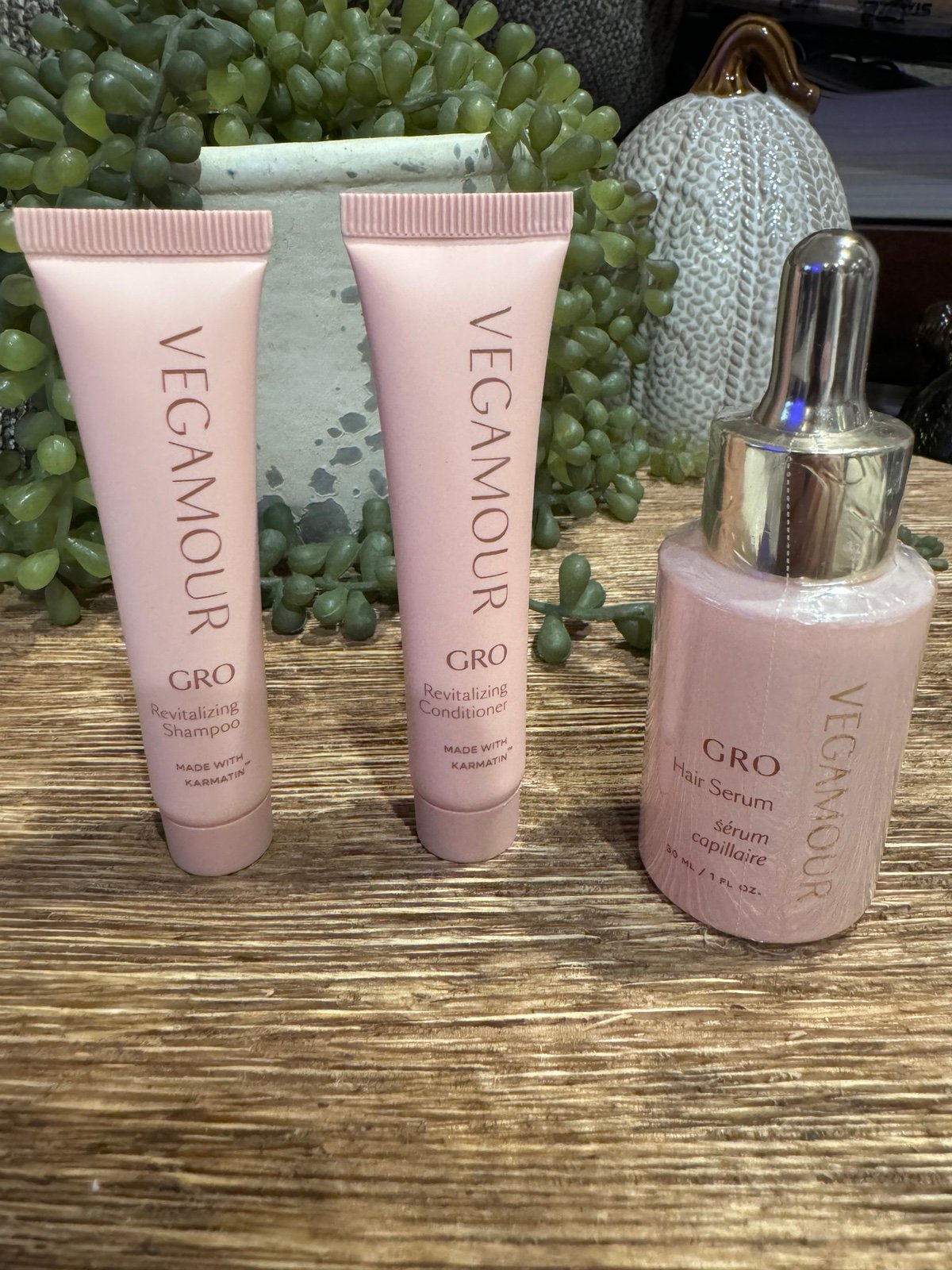 Vegamour GRO serum and travel shampoo and conditioner