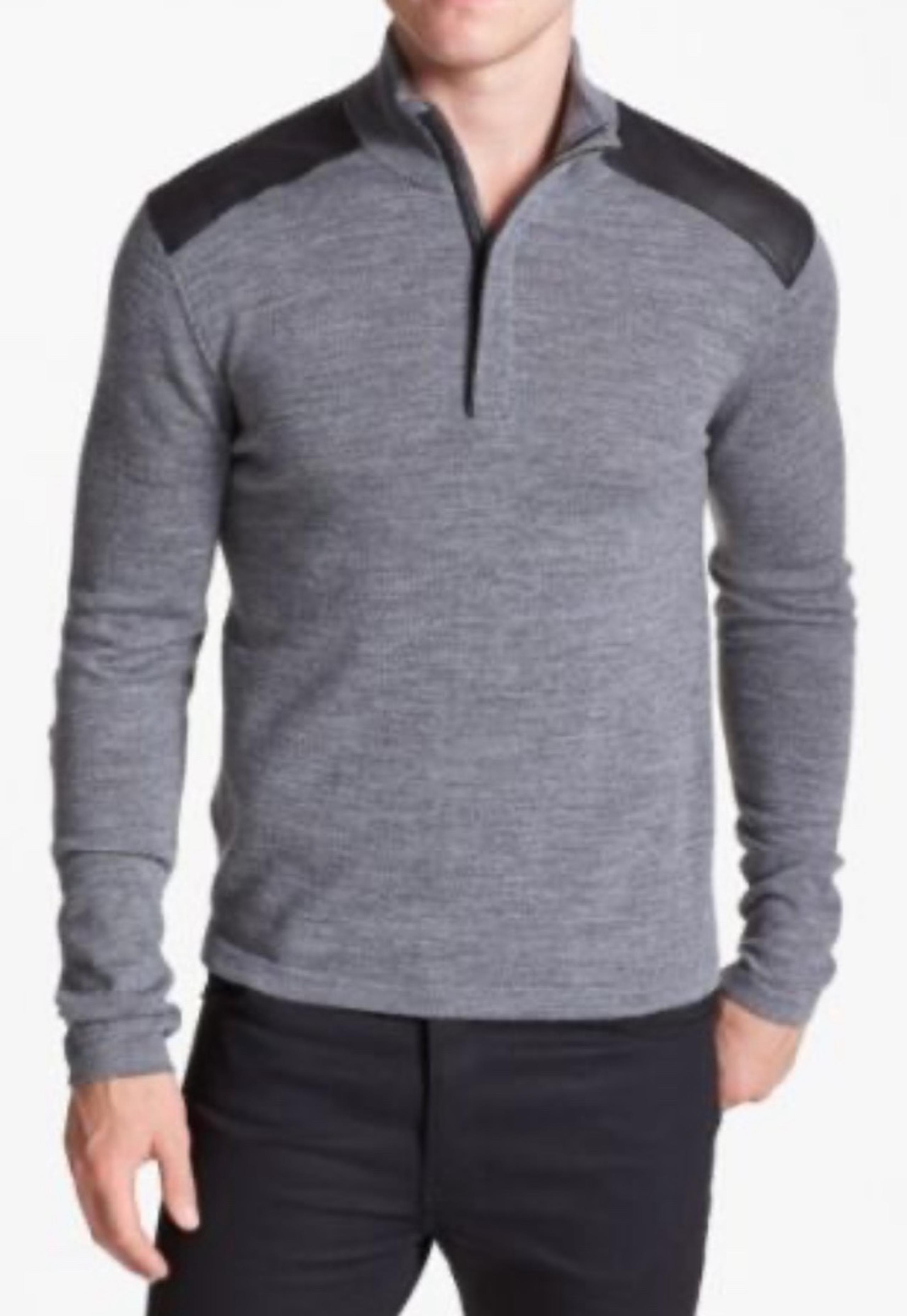 Michael Kors Men's Gray Sweater with Black Leather Accent Patches