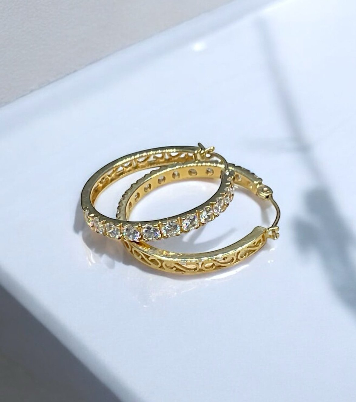 Solid 14K Gold & “Diamond” Hoop Earrings -4 gr.