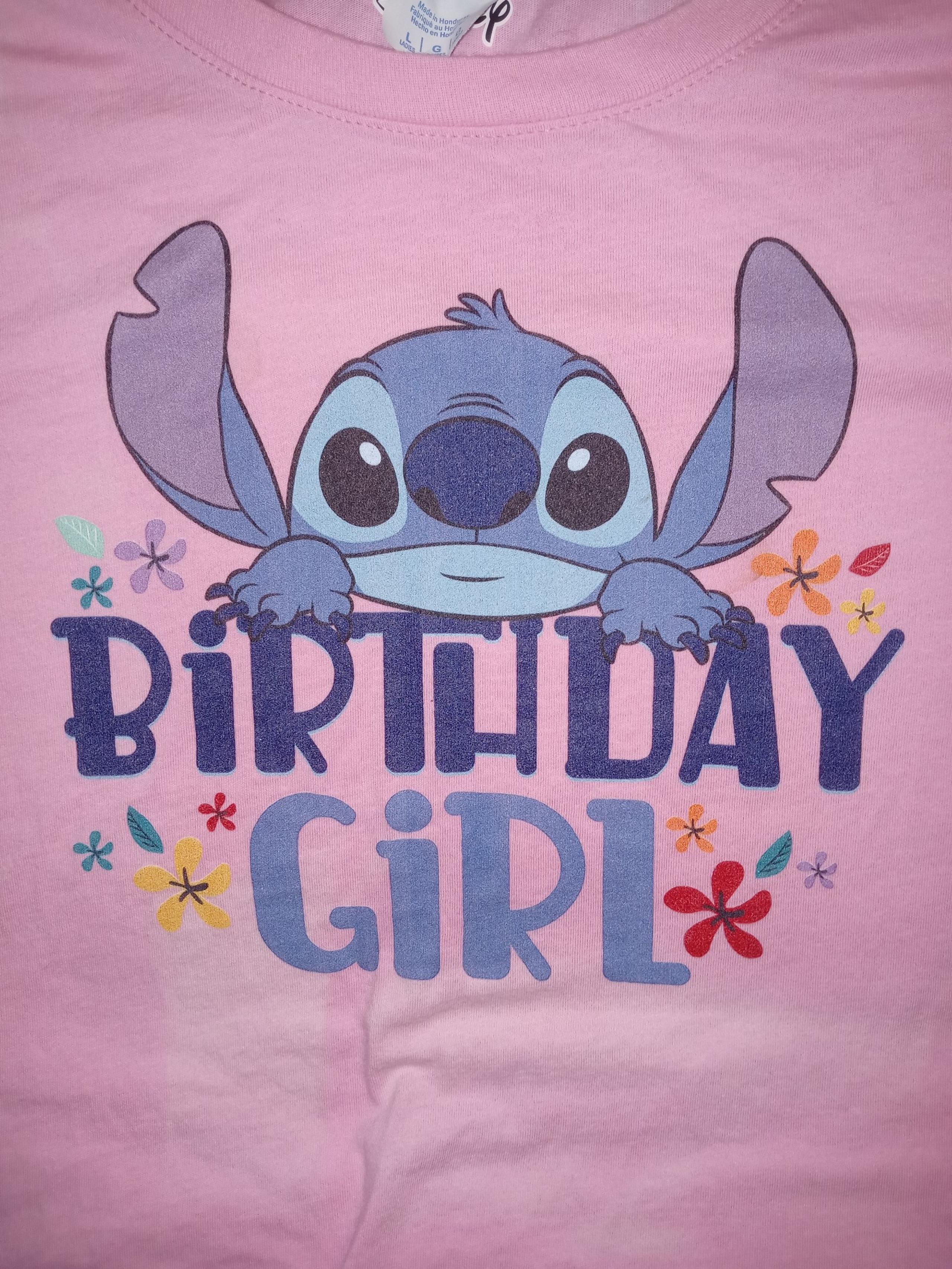 Womens Ladies Disney Lilo and Stitch Pink Birthday Girl Graphic Tee Shirt Large